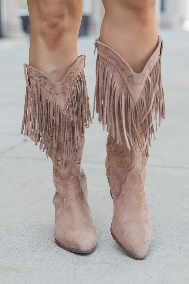 Fancy Suede Warm Taupe Fringe and Stars Boots SALE SALE Flexible Frame All Day Worker