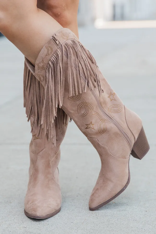 Knit Top Abrasion-resistant Fancy Suede Warm Taupe Fringe and Stars Boots SALE SALE