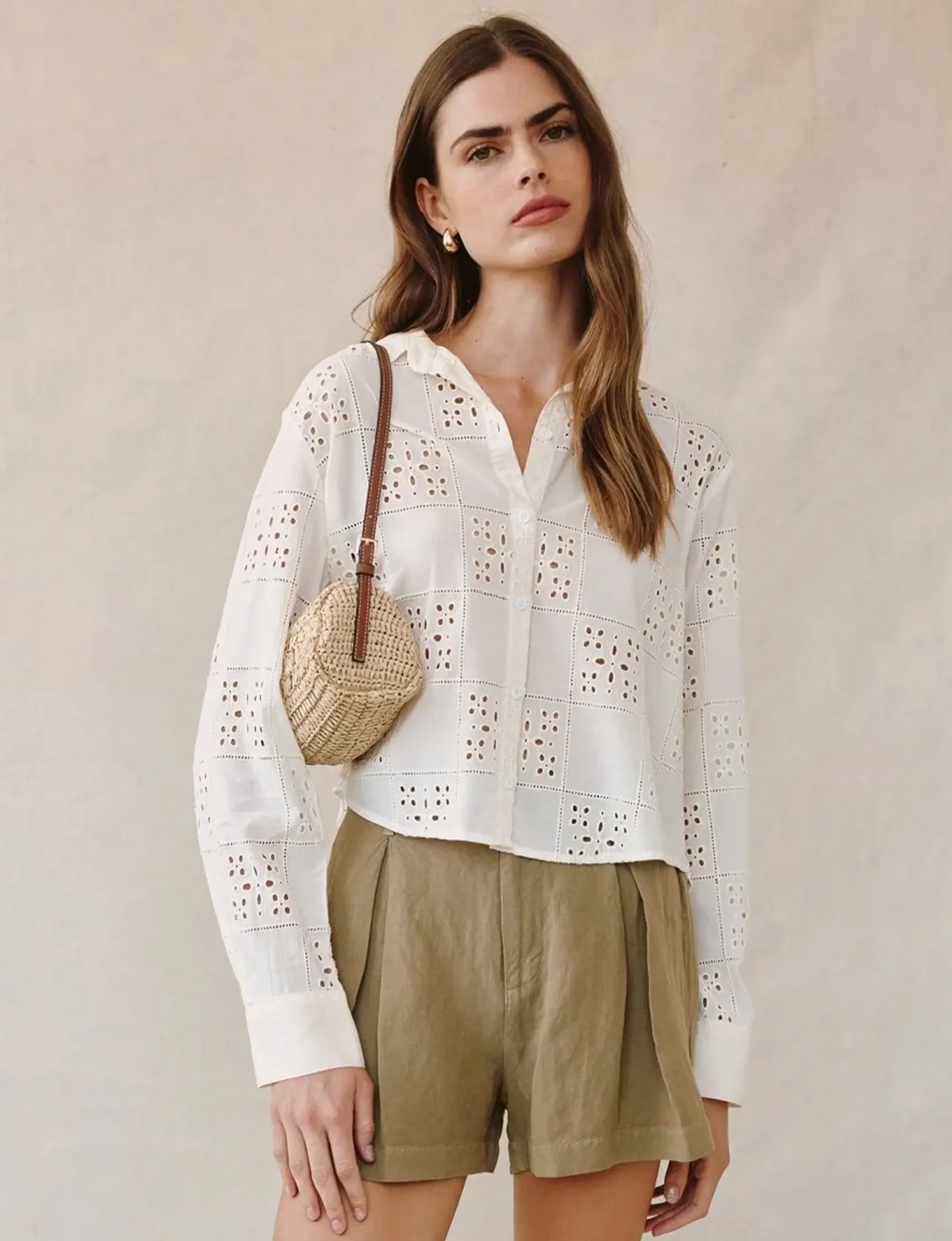 Summer Style Low Impact Processing Contrast Button Down, Soft Ivory