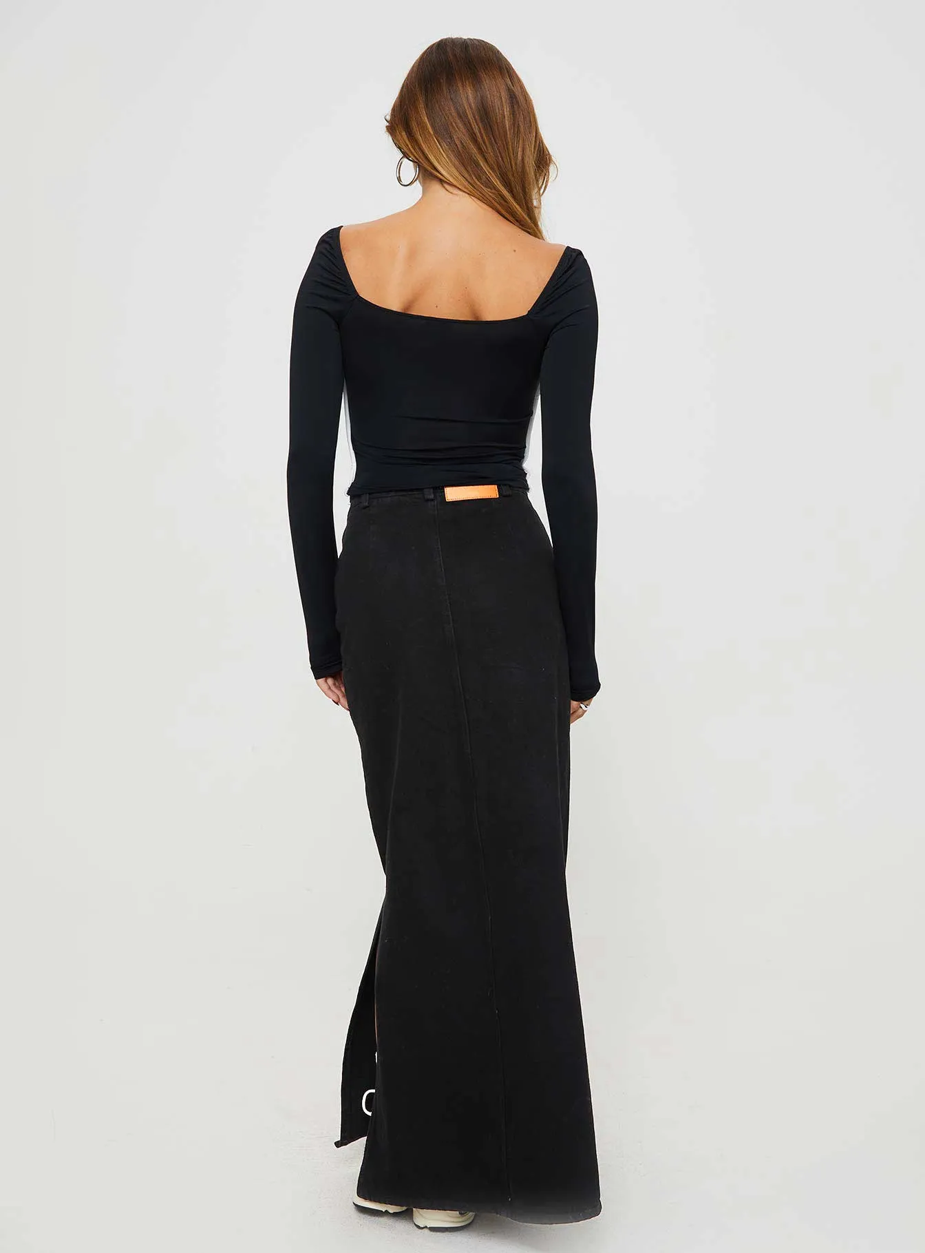 Brandee Tie Front Denim Maxi Skirt Black Wash Formal Event Versatile Outfit
