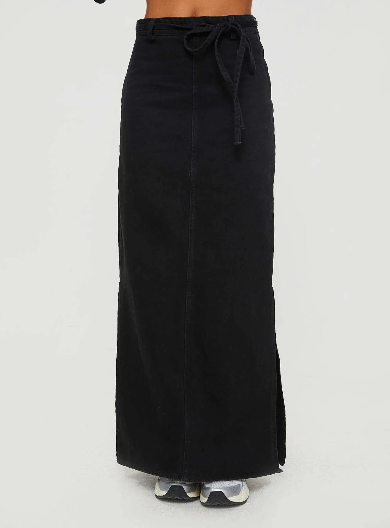 Brandee Tie Front Denim Maxi Skirt Black Wash Modern Cut Light Fabric