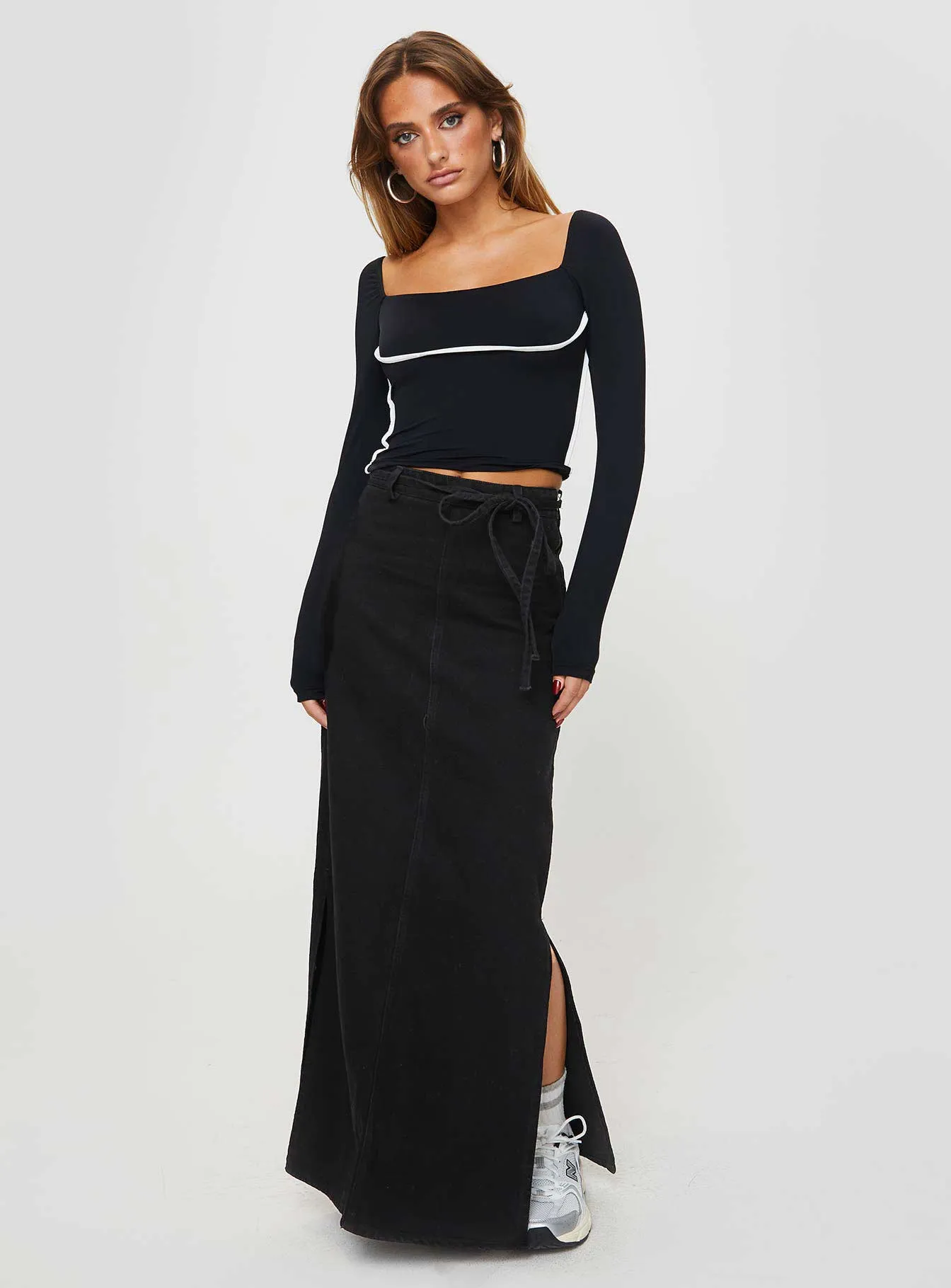 Wrap Closure Metallic Finish Brandee Tie Front Denim Maxi Skirt Black Wash