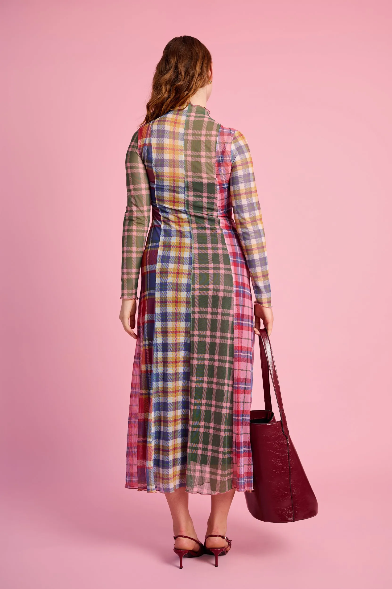 Panelled Mesh Dress with Polo Neck in Multi Check Textured Look Lightweight Comfort