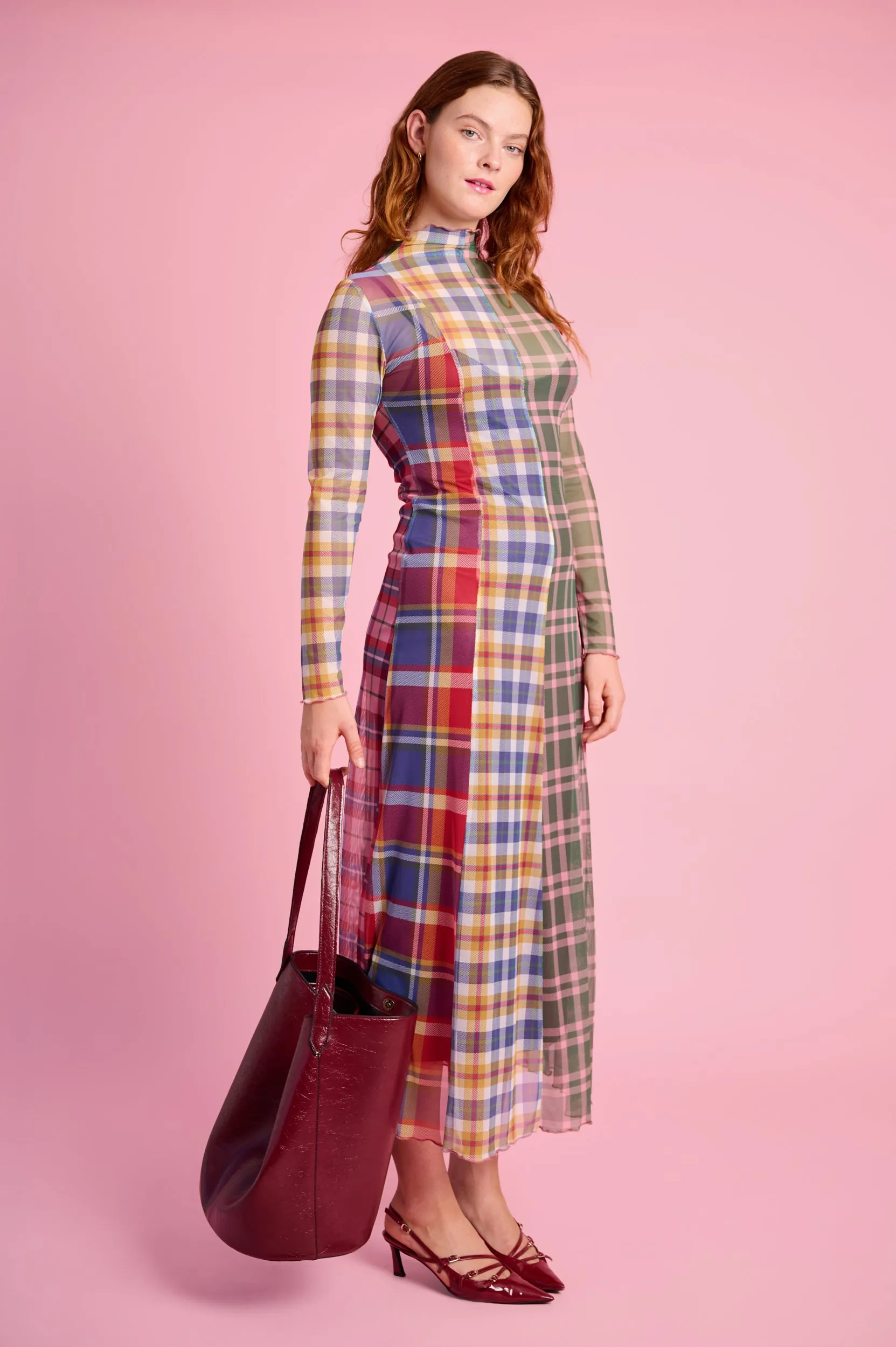 Smooth Mood Panelled Mesh Dress with Polo Neck in Multi Check