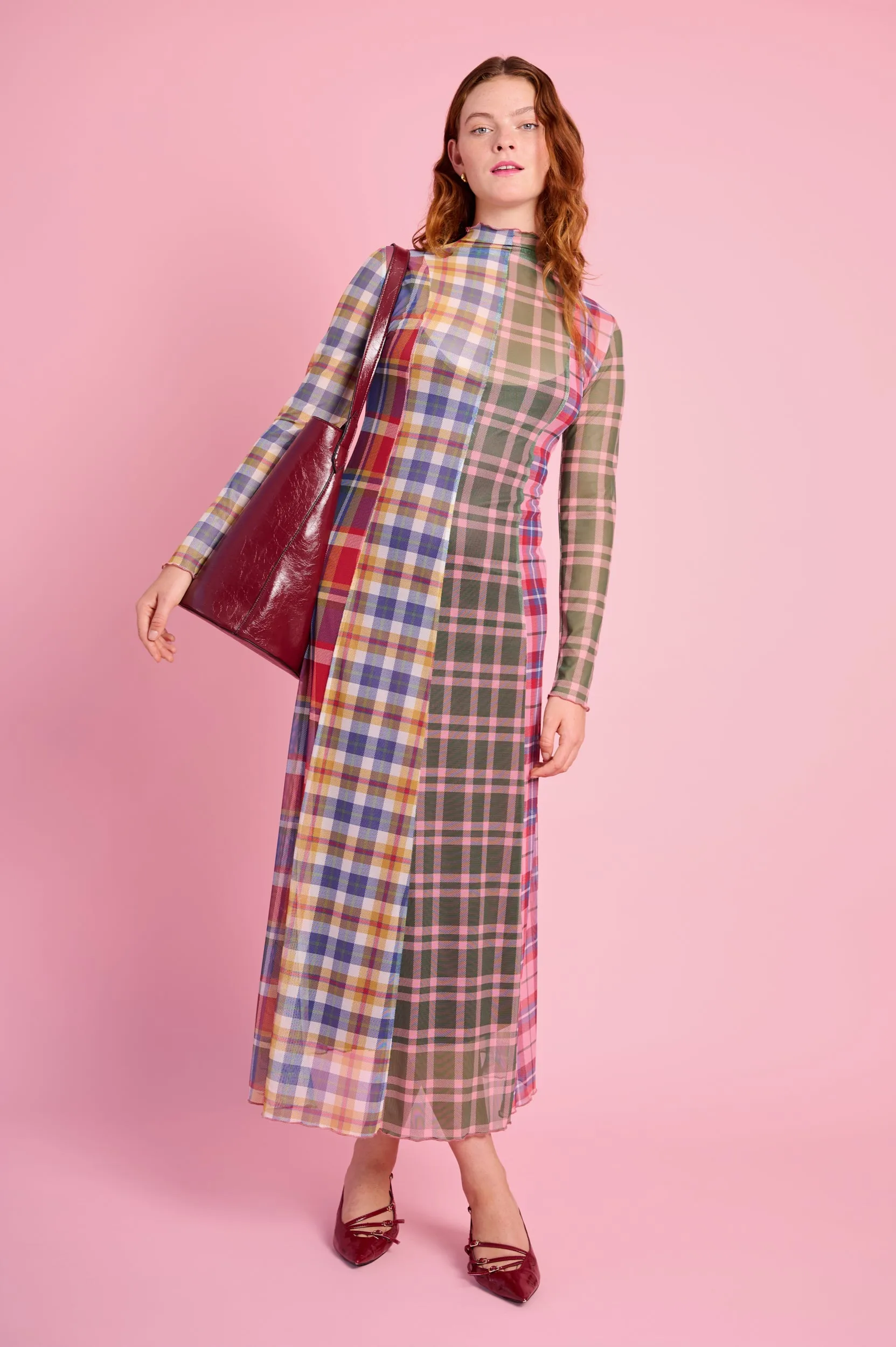 Cool Palette Date Nightwear Panelled Mesh Dress with Polo Neck in Multi Check