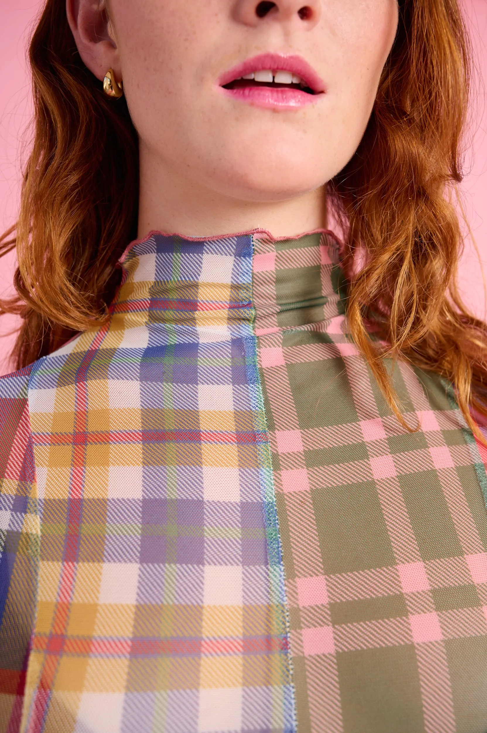 Versatile Layer Panelled Mesh Dress with Polo Neck in Multi Check