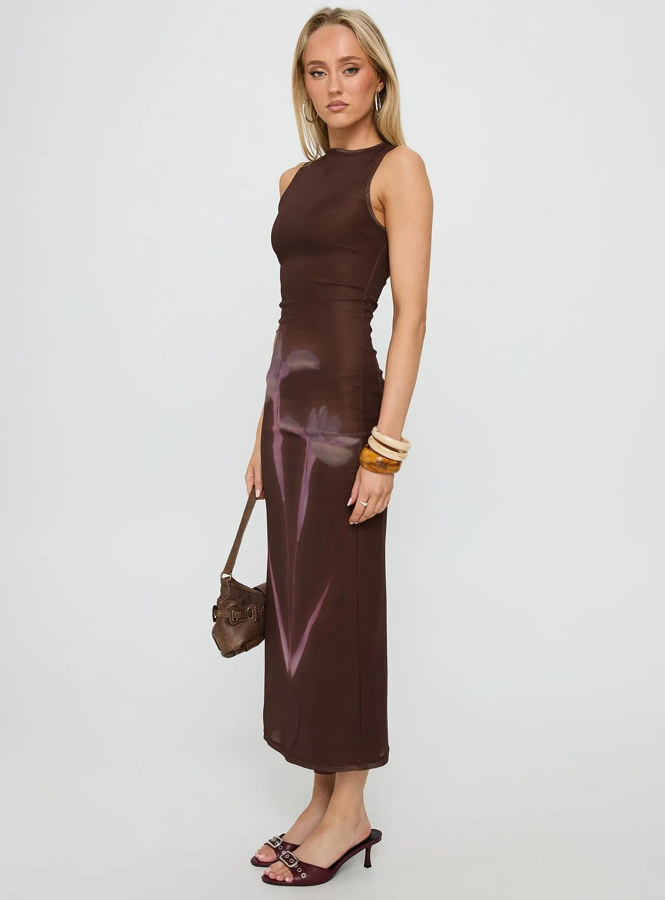 Cinched-Waist Fayola Maxi Dress Floral Brown