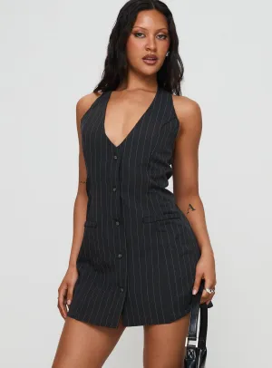 Puff-Sleeve Zip Ease Fenny Mini Dress Pinstripe