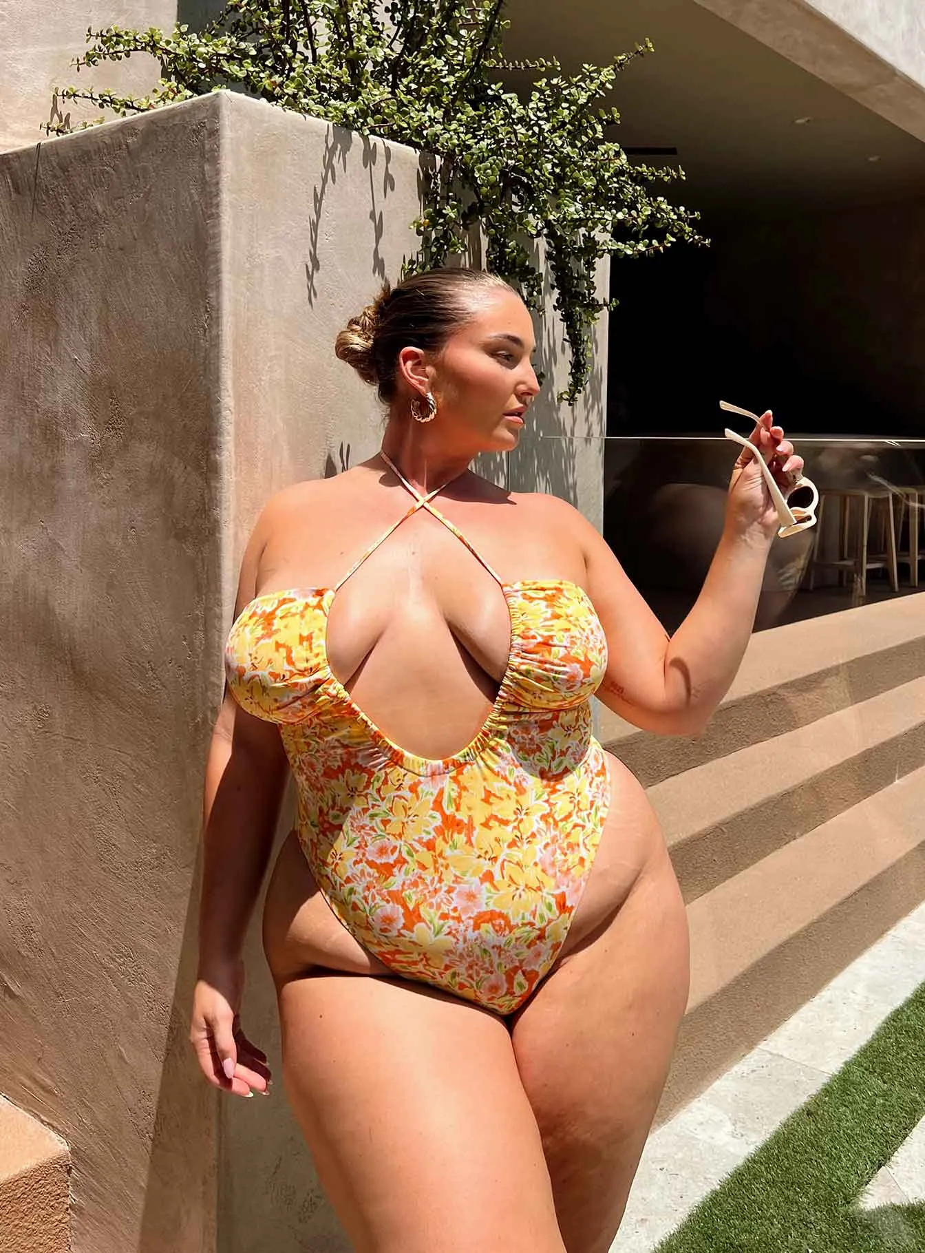 Gradient-Hues Latest Trend Fern One Piece Yellow Multi Curve