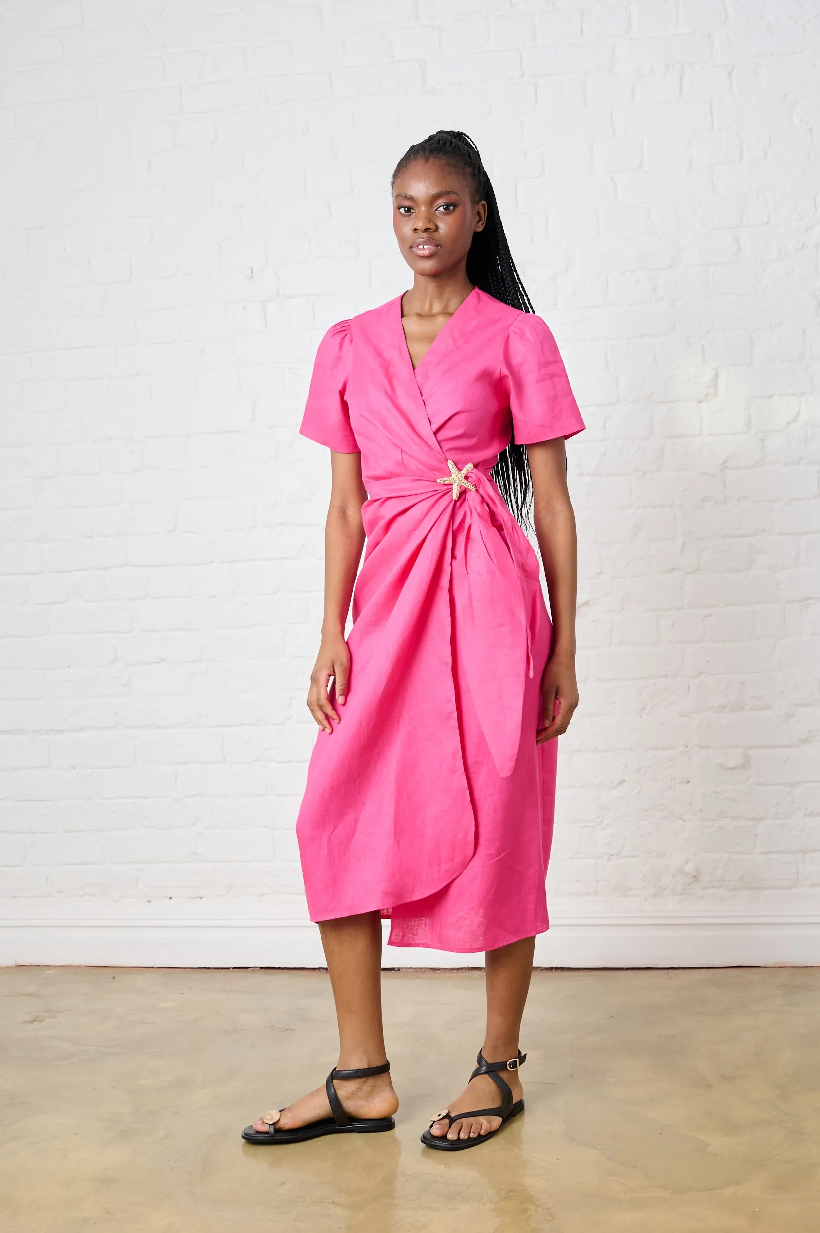 Textured Surface LayeredHemline Pink Tide Linen Wrap Dress