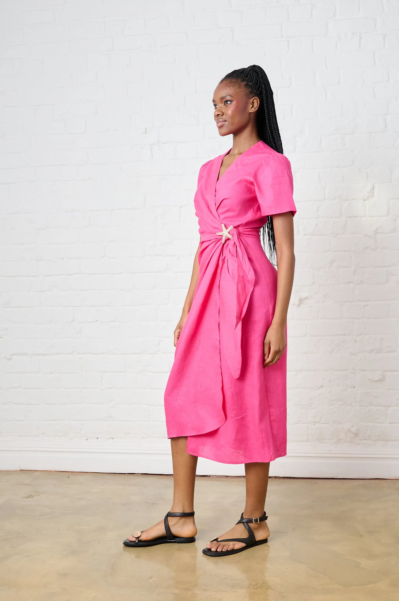 Elegant Touch Perfectly Styled Pink Tide Linen Wrap Dress