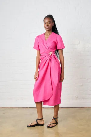 Textured Surface LayeredHemline Pink Tide Linen Wrap Dress