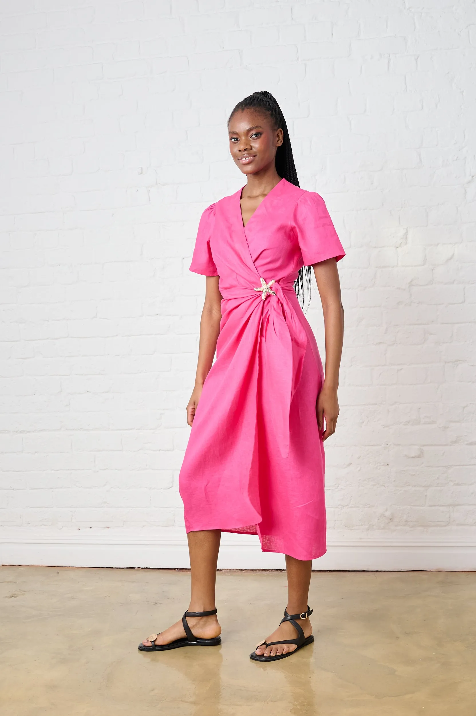 Pink Tide Linen Wrap Dress Lace Ease Relax Line