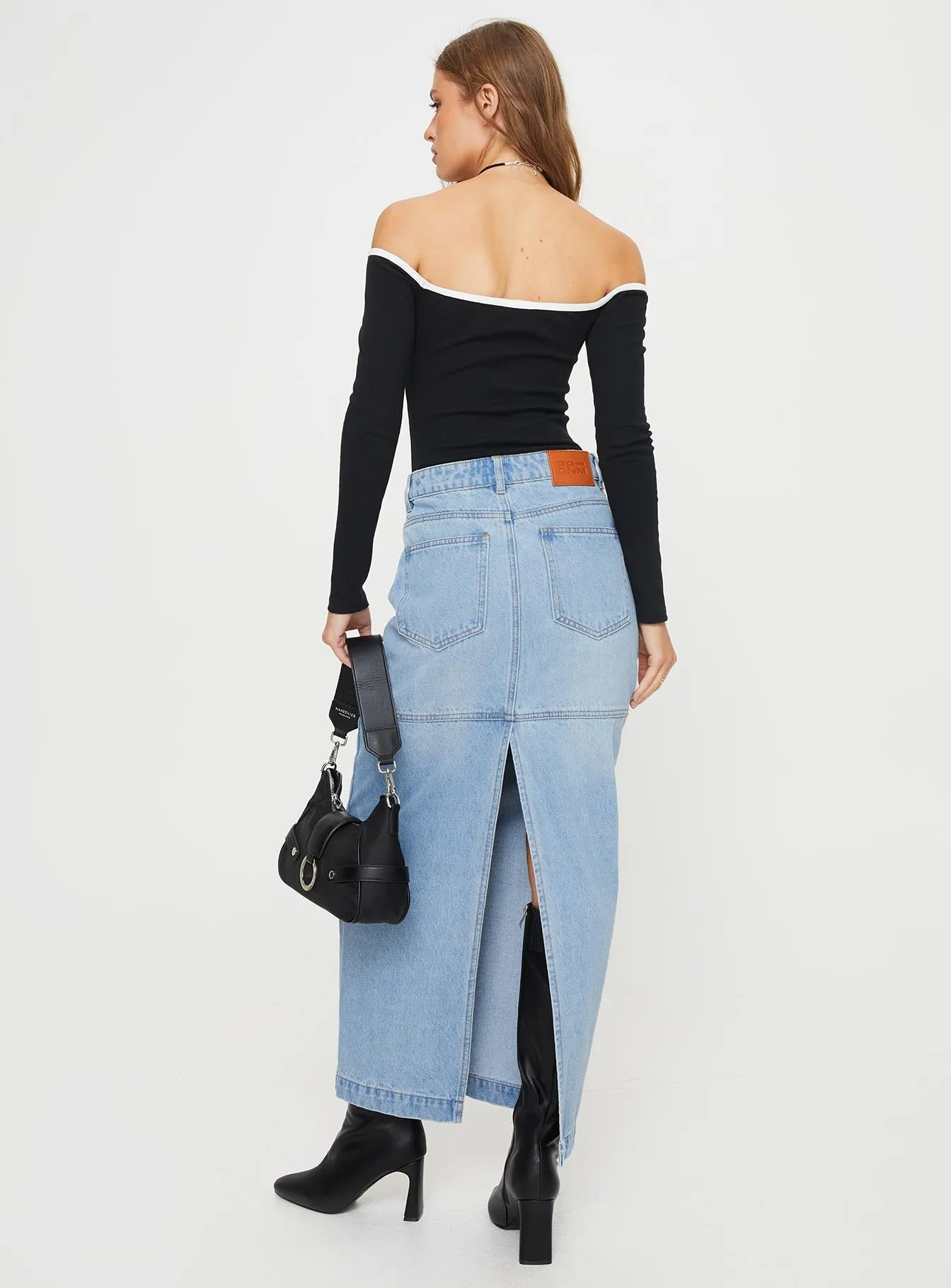 Markanna Denim Midi Skirt Light Wash Soft Palette Quilted Texture