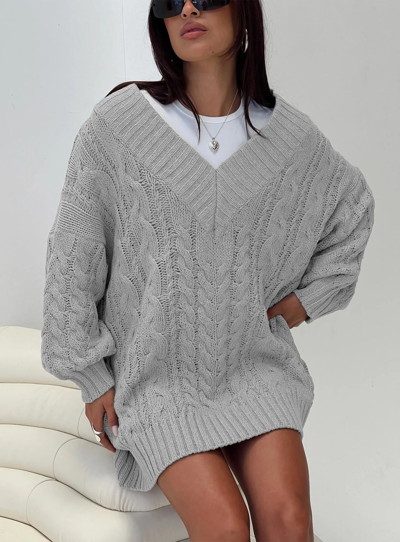 Dravi Mini Sweater Dress Grey Marle Relaxed and Elegant