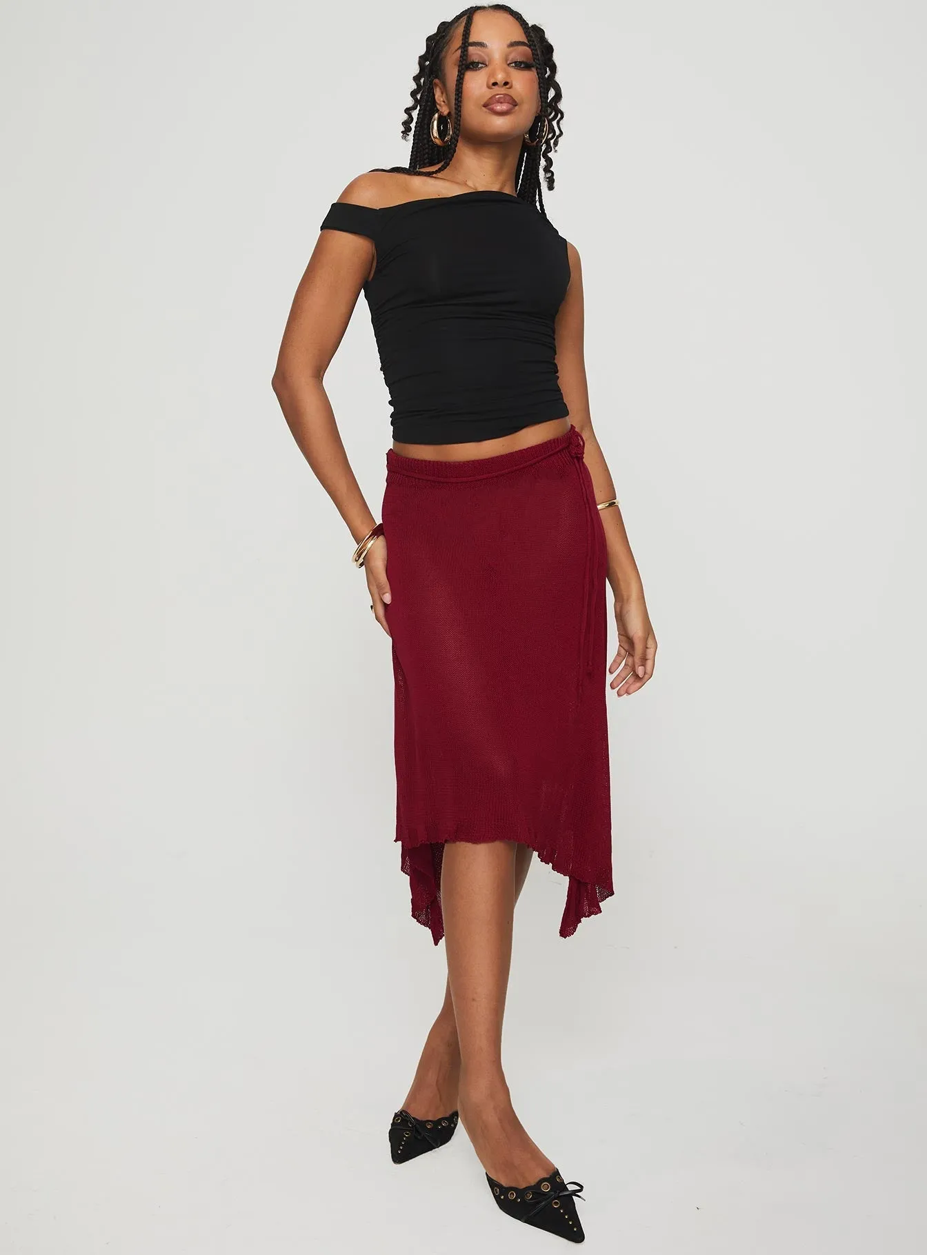 Bold Cut Durable Hem Leysa Midi Skirt Red
