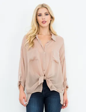 Cargo Button Down Tie Top, Khaki Effortless Wearable