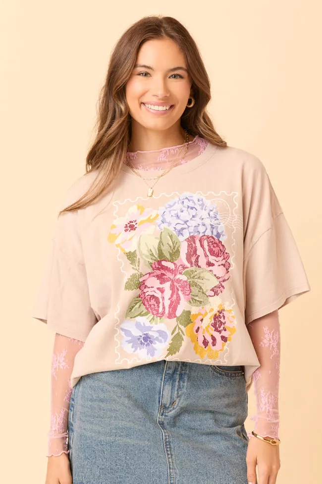 Floral Stamp Taupe Oversized Graphic Tee Casual Comfort