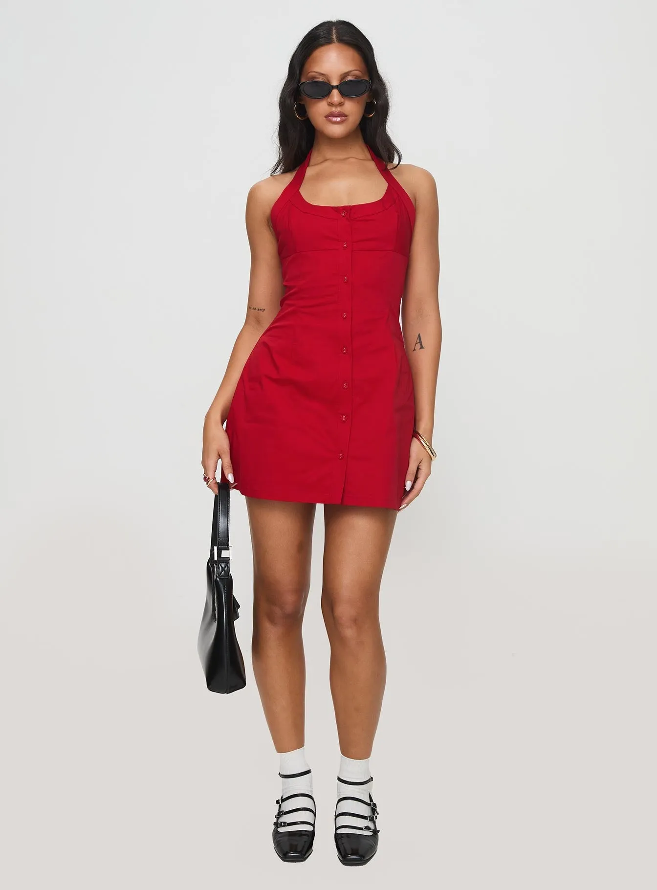 Travel-Essential Flexible Cut Mallorie Halter Mini Dress Red Petite