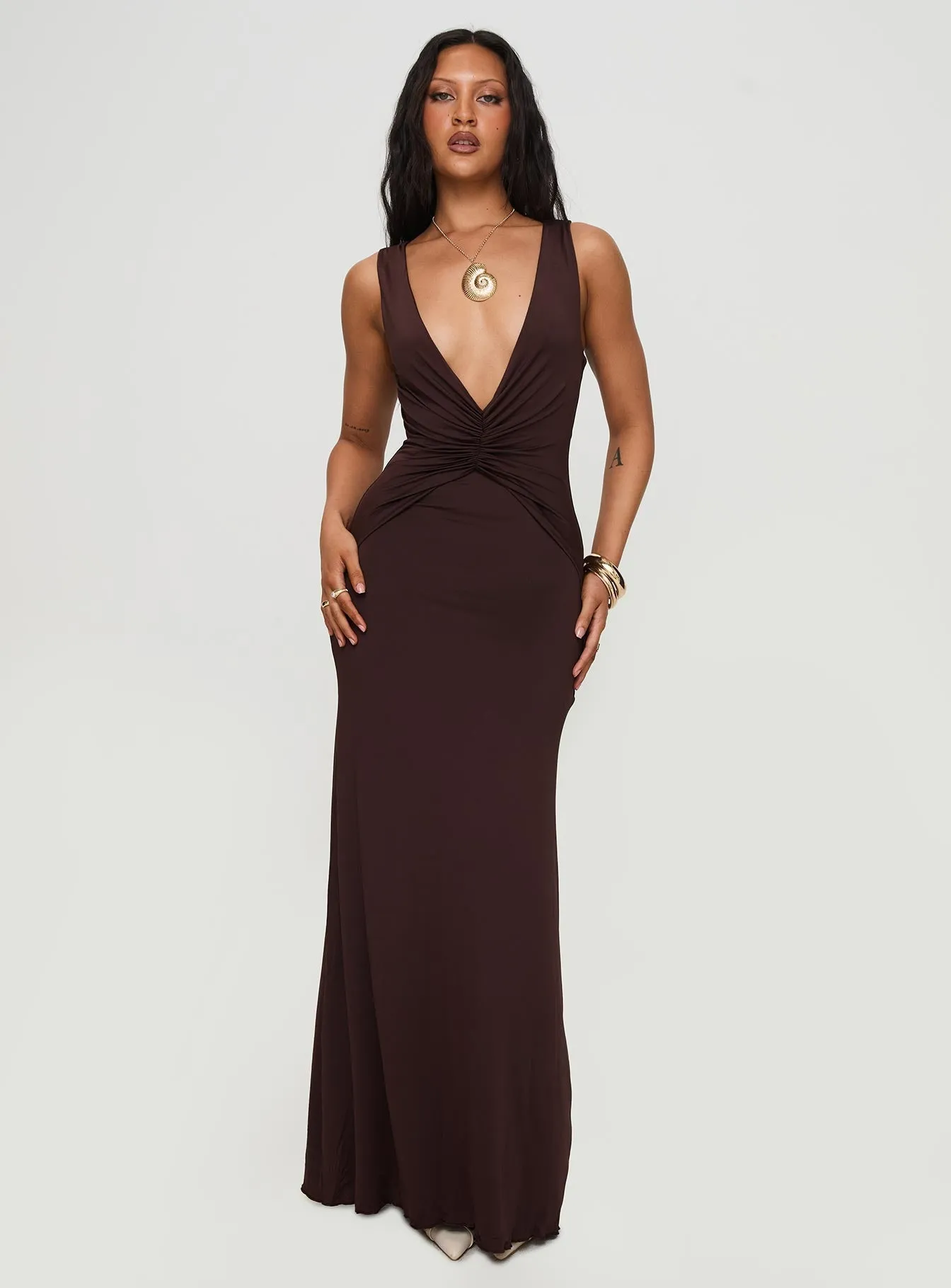plus-size Frederica Plunge Maxi Dress Chocolate Petite