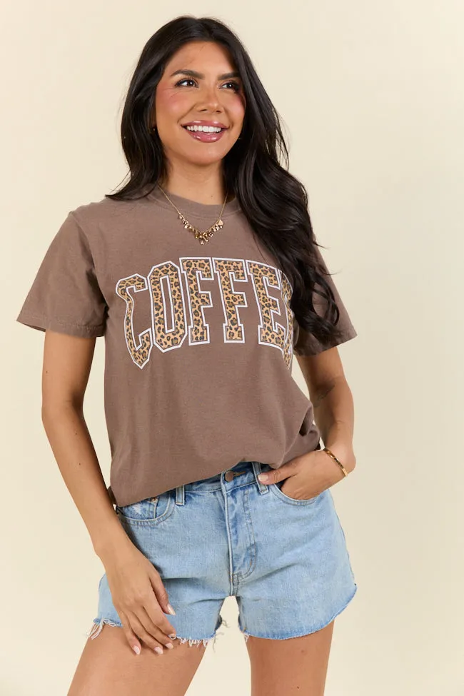 Coffee Leopard Print Brown Graphic Tee UV Protective Coating