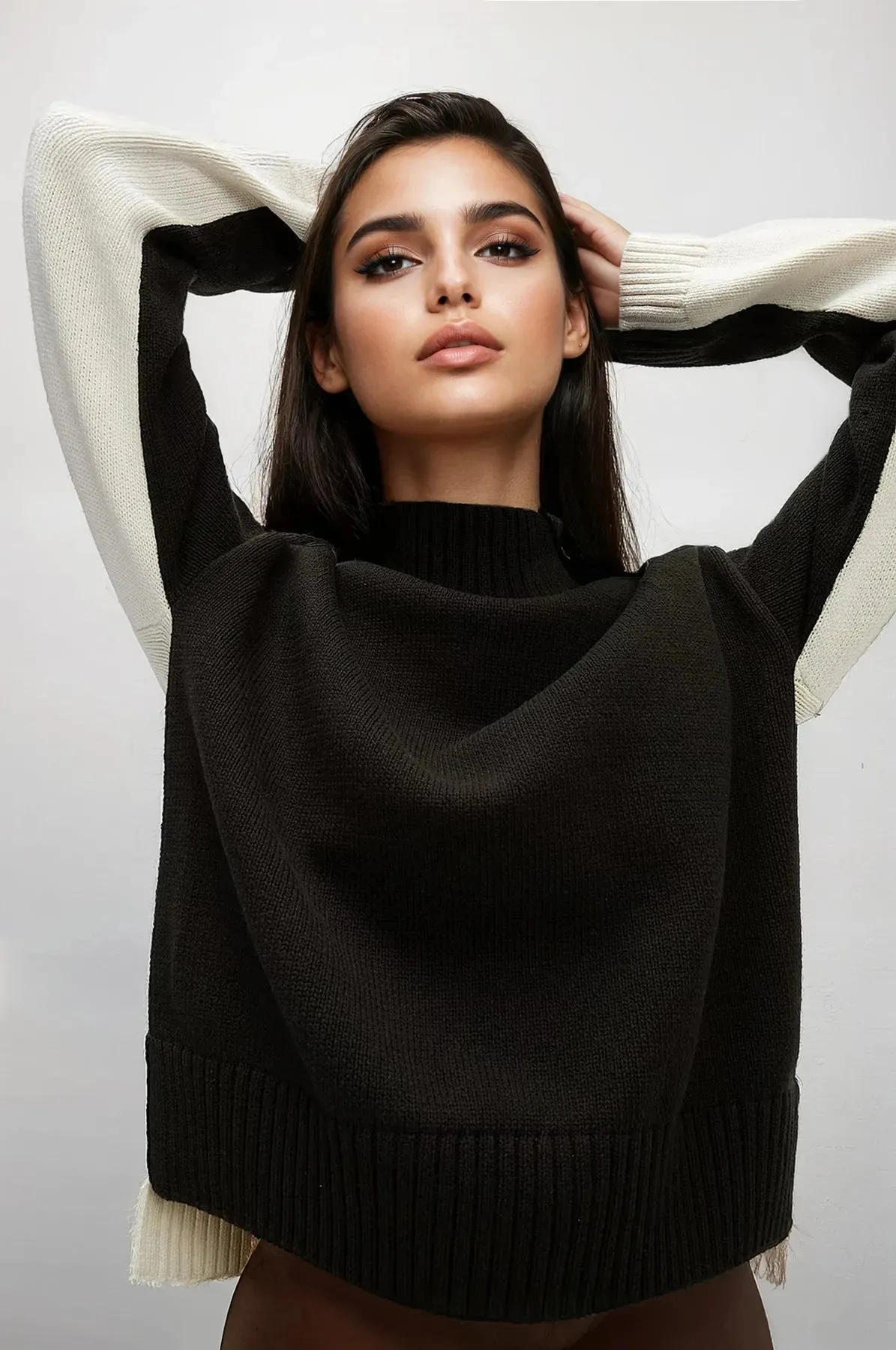 Knit Reinforced Edges Funnel Neck Two-Tone Jumper