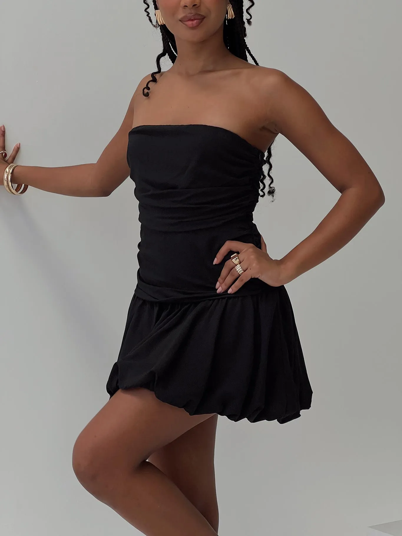 Glamour Girl Strapless Bubble Hem Mini Dress Black Soft and Stylish Everyday Piece