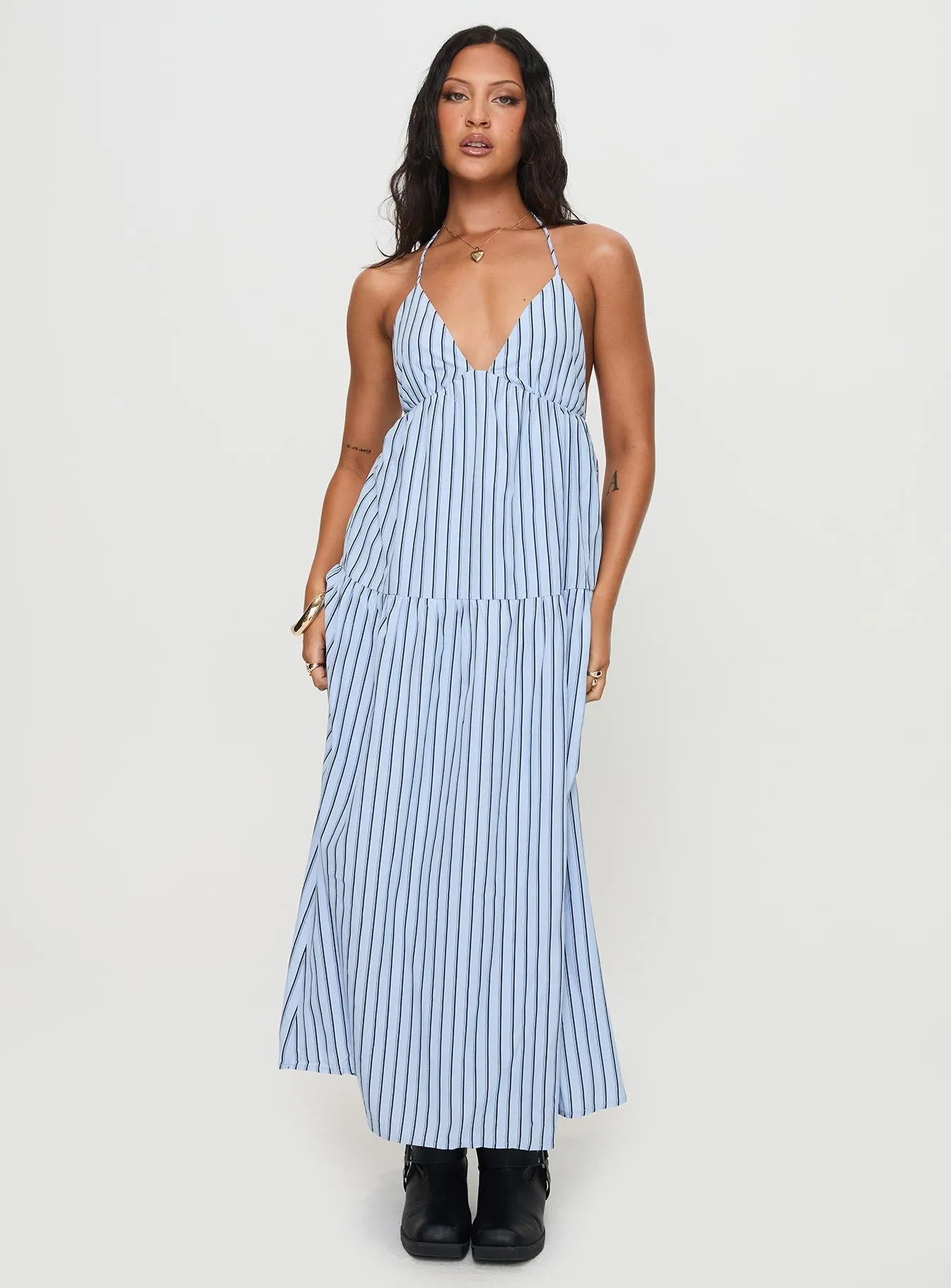 Mazzey Halter Maxi Dress Blue Stripe Smart Layers