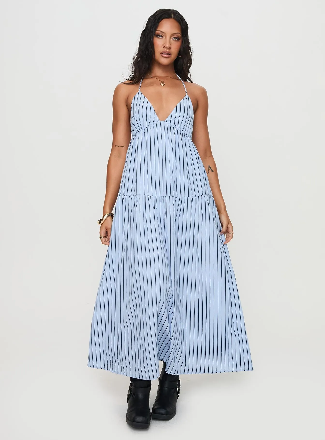 Mazzey Halter Maxi Dress Blue Stripe Elegant Touch