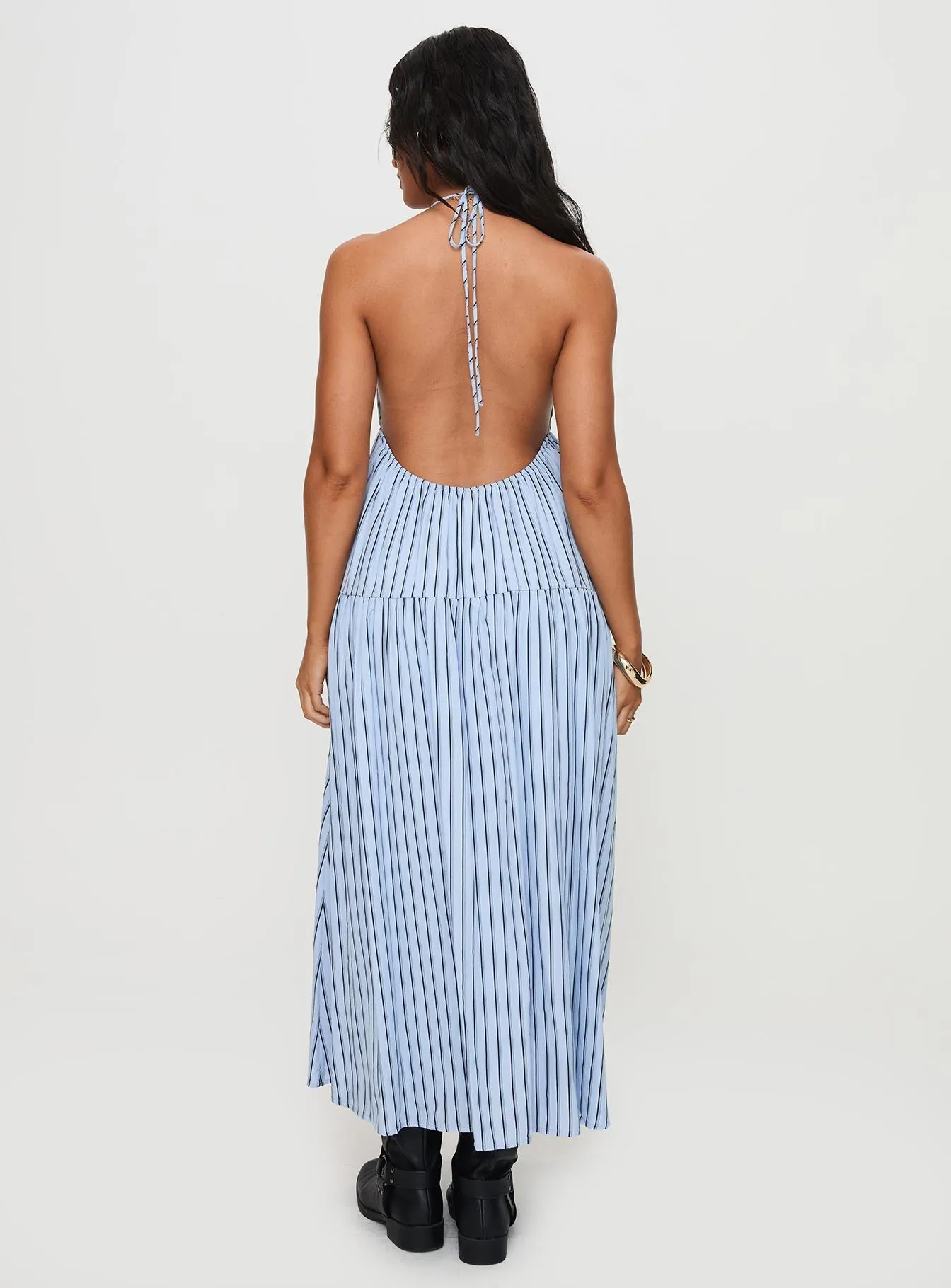 Mazzey Halter Maxi Dress Blue Stripe Church Proper