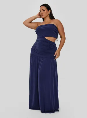 Smooth Outline Crisp Texture Grandeur Strapless Maxi Dress Navy Curve