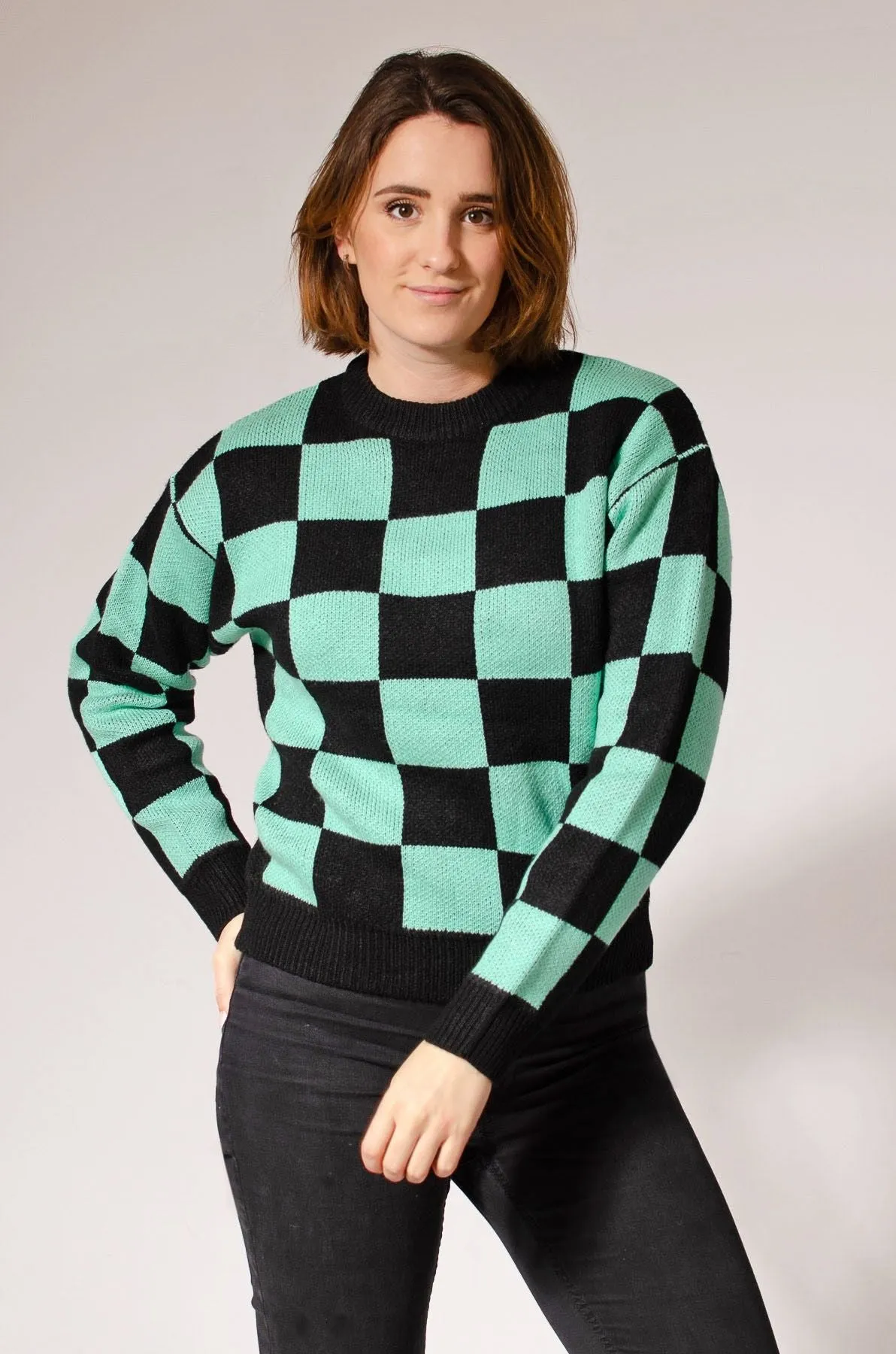 Green Black Check Crew Neck Jumper Natural Odor Control Urban Trend
