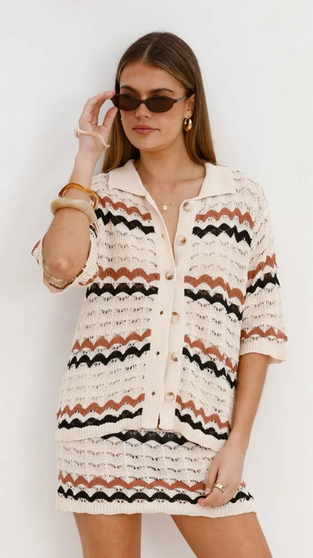 Greta Button Up Shirt - Natural Stripe FadeResistant Color Biodegradable Fabric