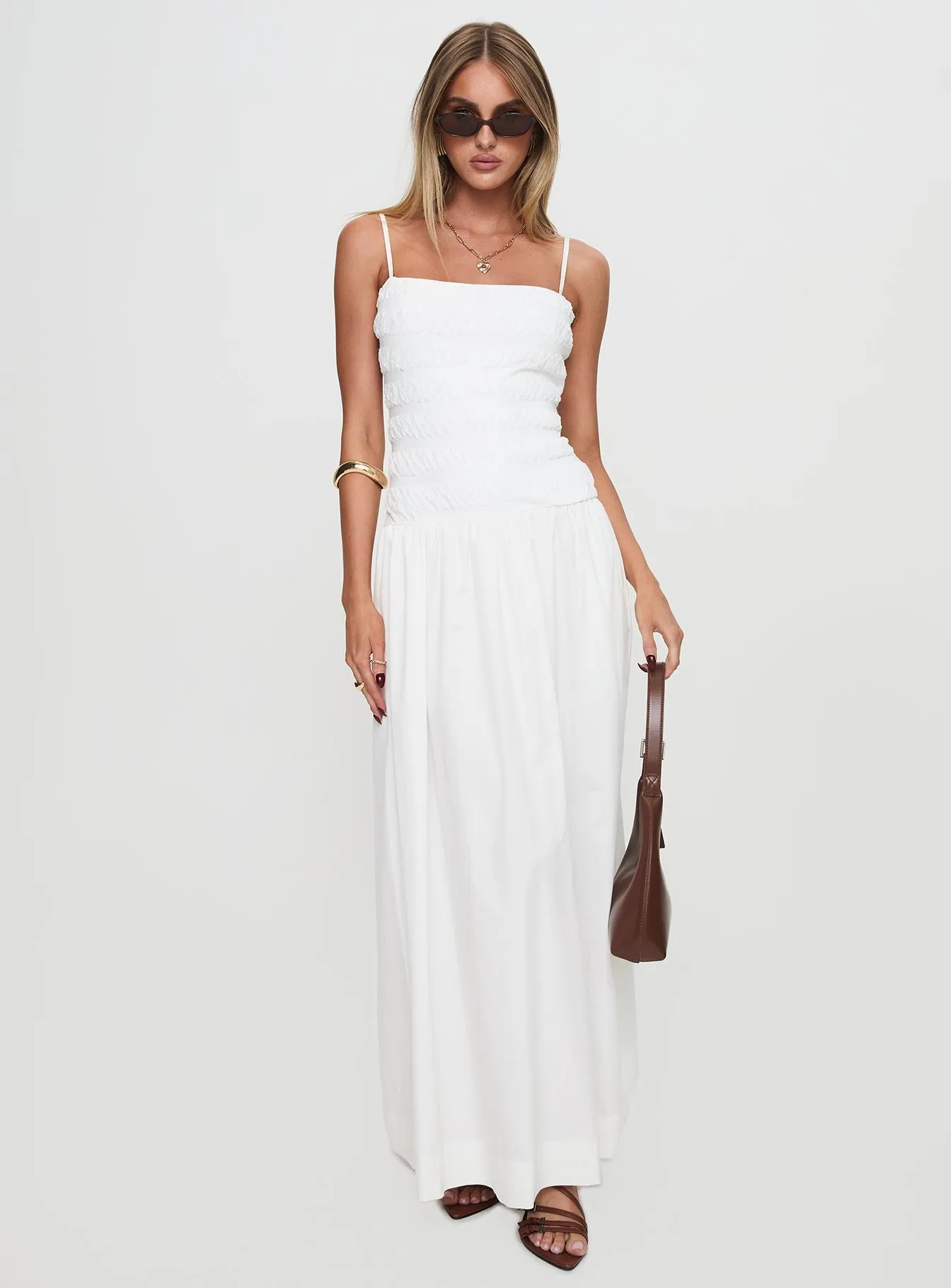 Sweetgum Shirred Maxi Dress White Side Tie Flared-Hem