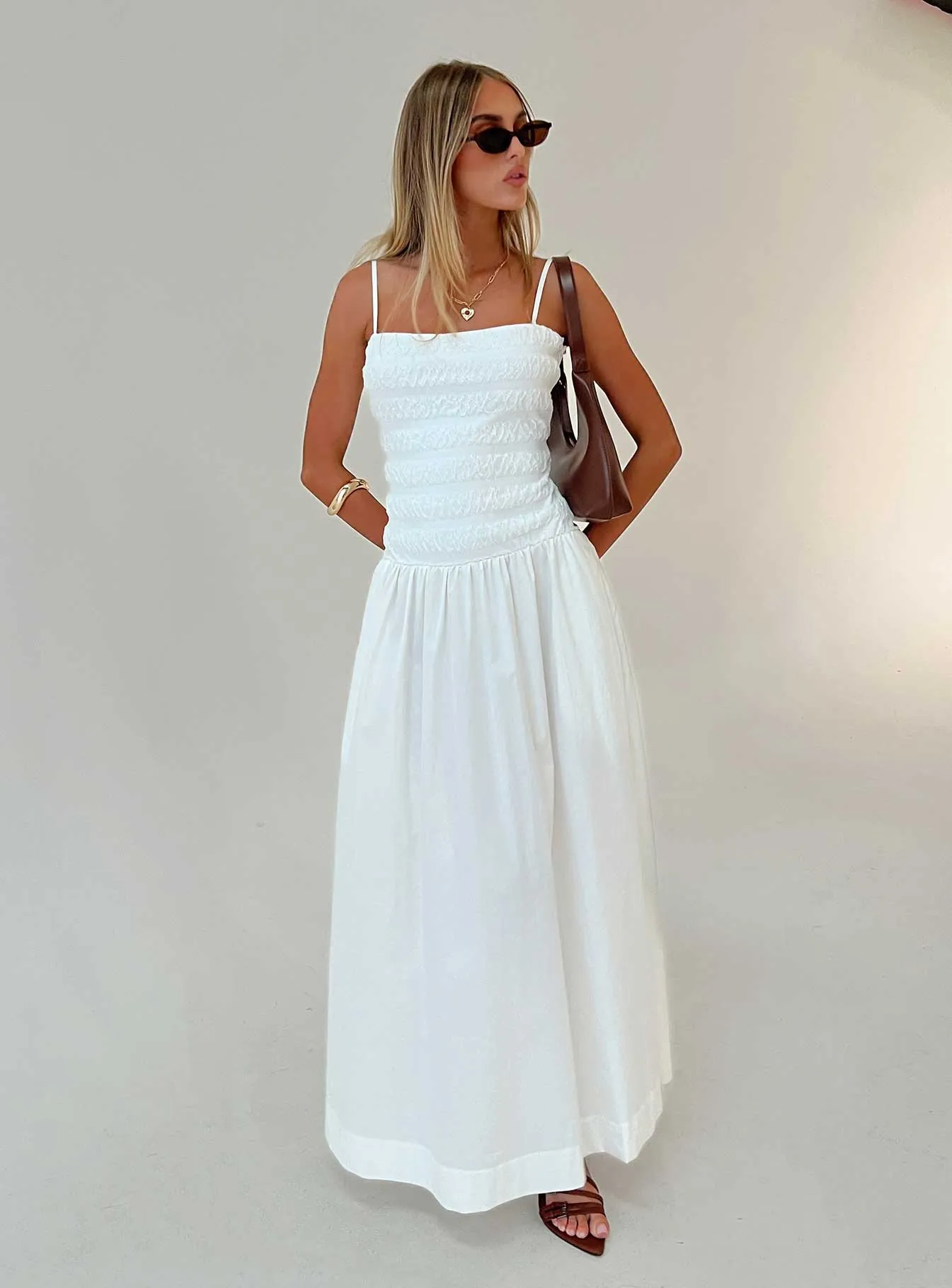 Sweetgum Shirred Maxi Dress White Elegant Waist