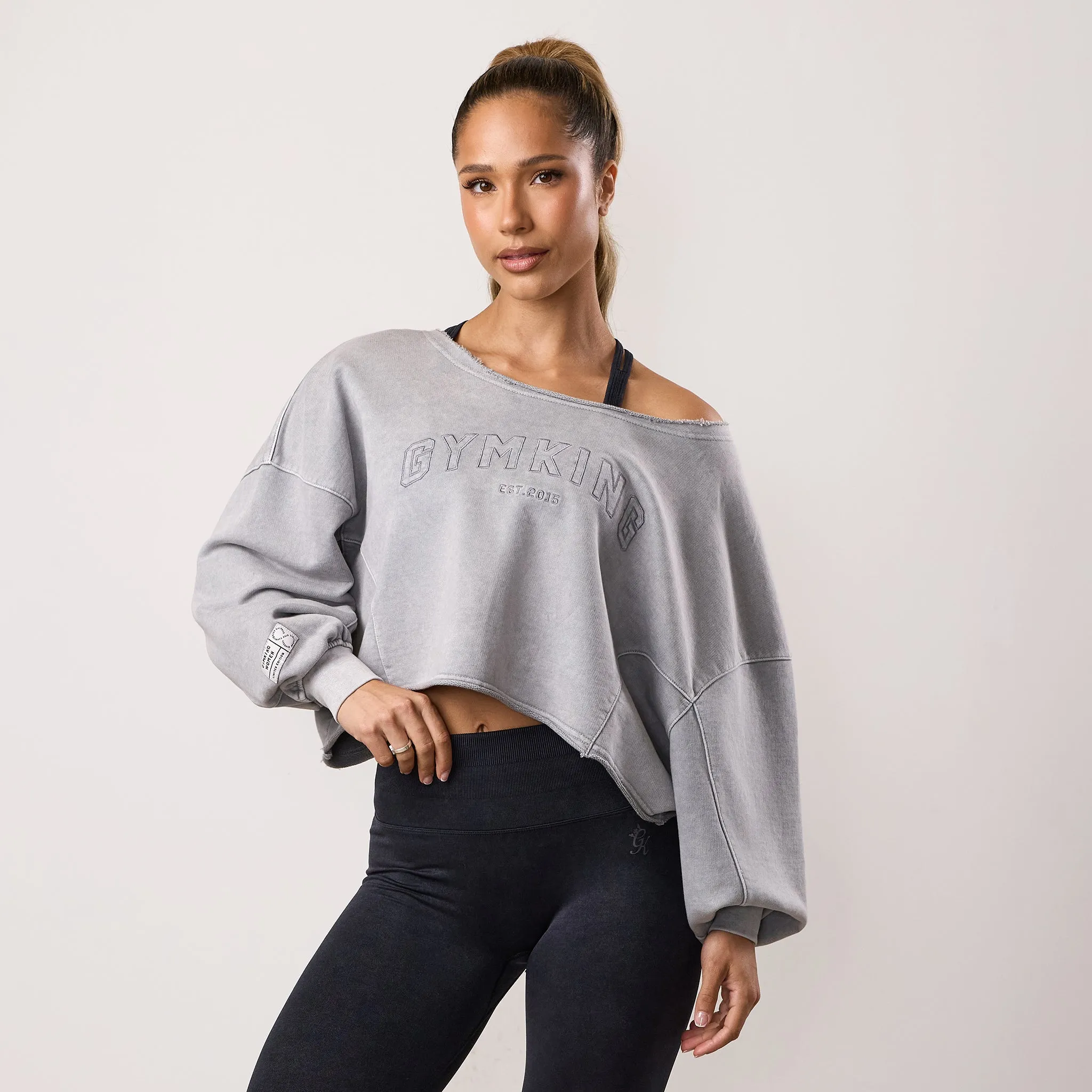 product after sales service goes with jeans Gym King Limitless Crop Relaxed Fit Sweatshirt - Washed Light Grey