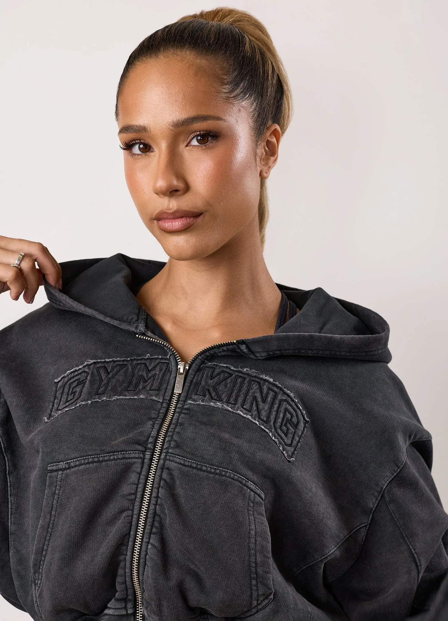 Gym King Limitless Relaxed Fit Full Zip Hood - Washed Black Everyday Hoodie Date night