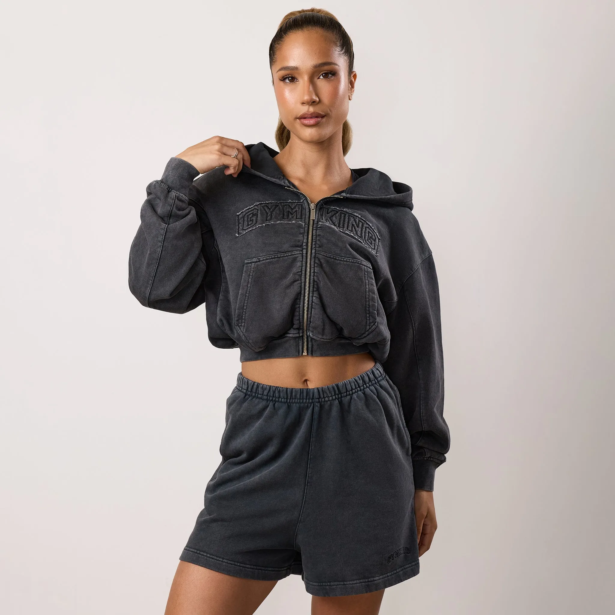 camping suitable Gym King Limitless Relaxed Fit Full Zip Hood - Washed Black