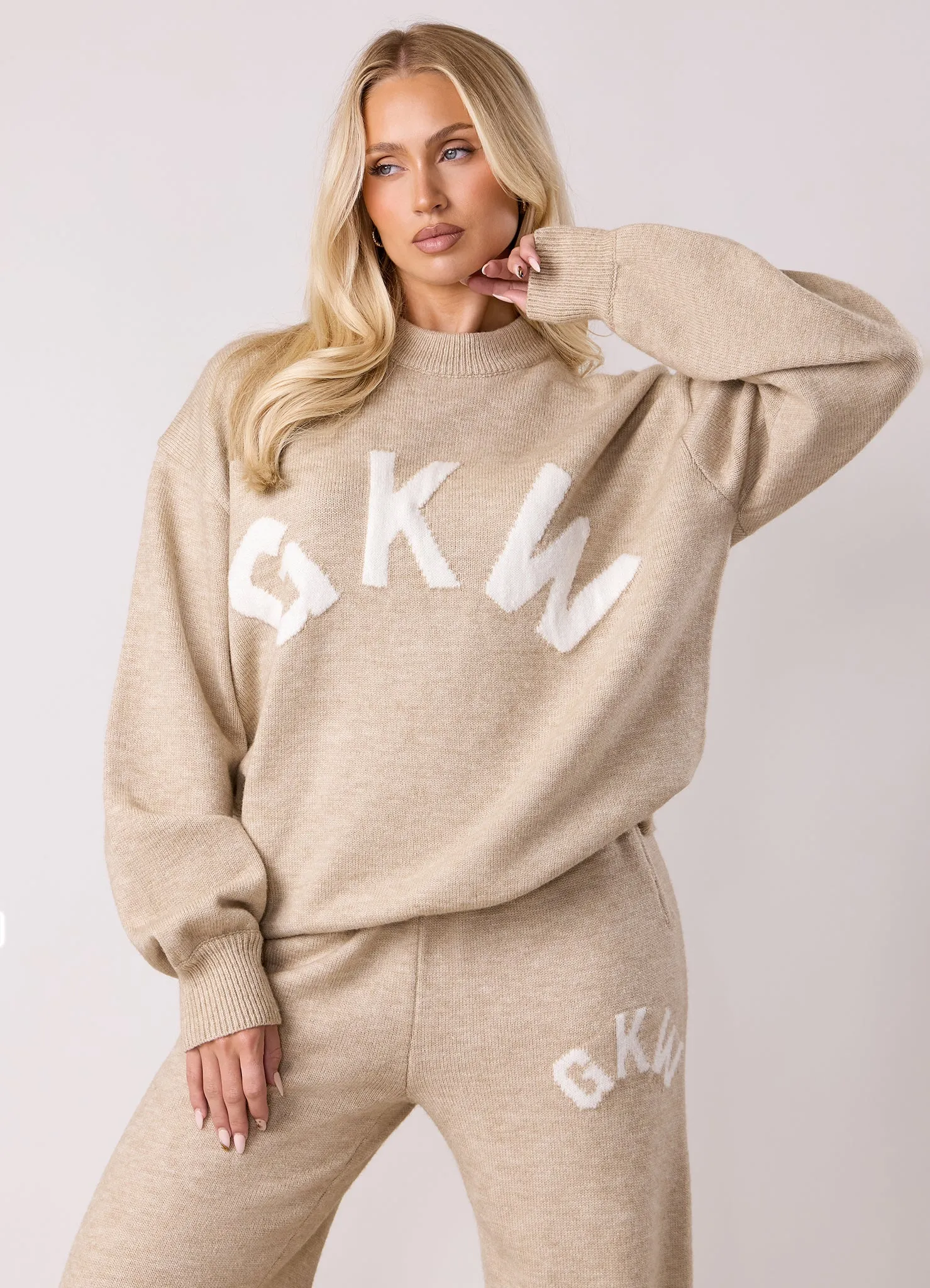 Graphic Design Light Jacket Gym King Restore Knit Crew - Oatmeal Marl