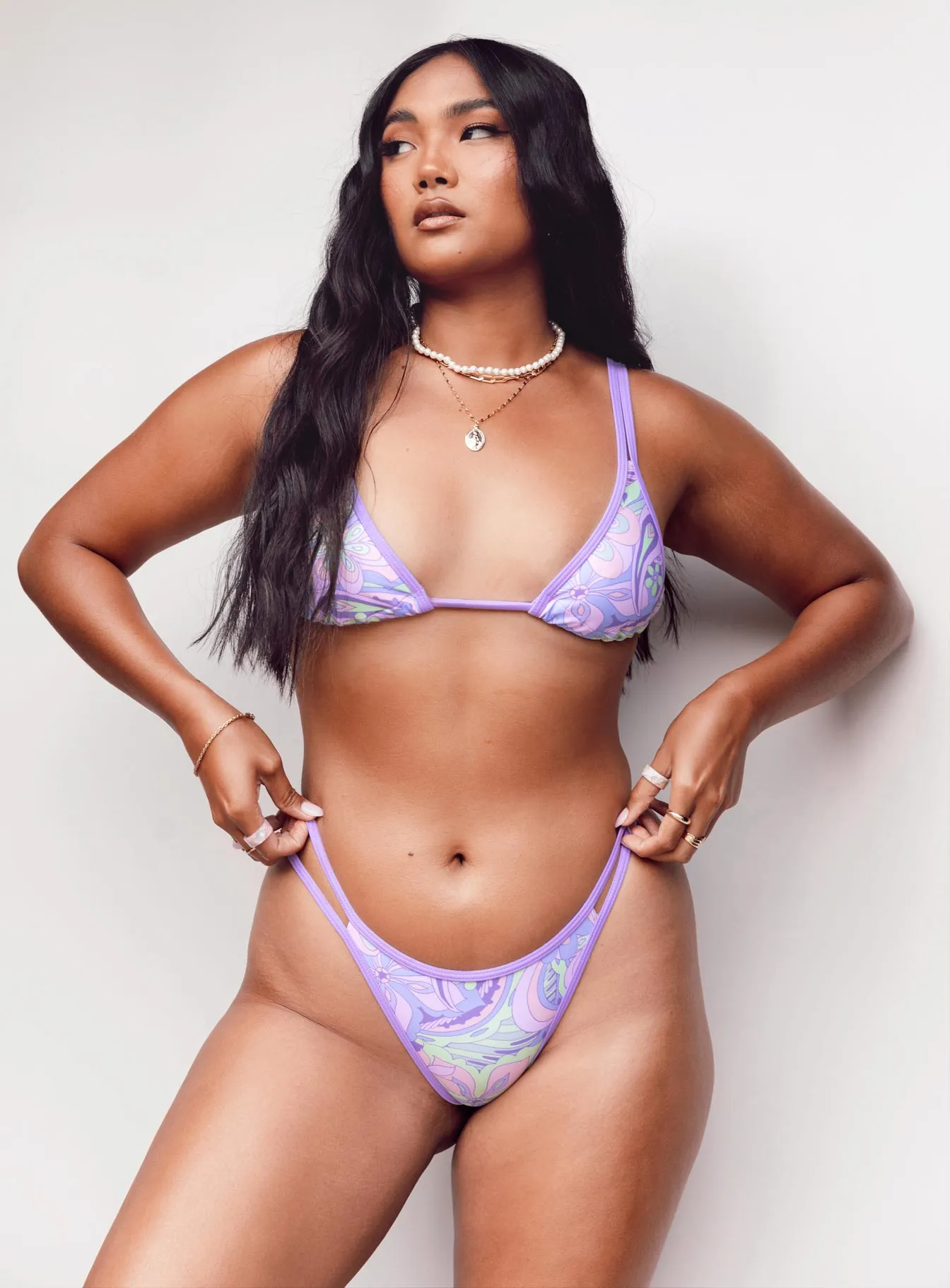 Neutral Tone Trims Holiday Fashion Hailey Bikini Top Purple Multi