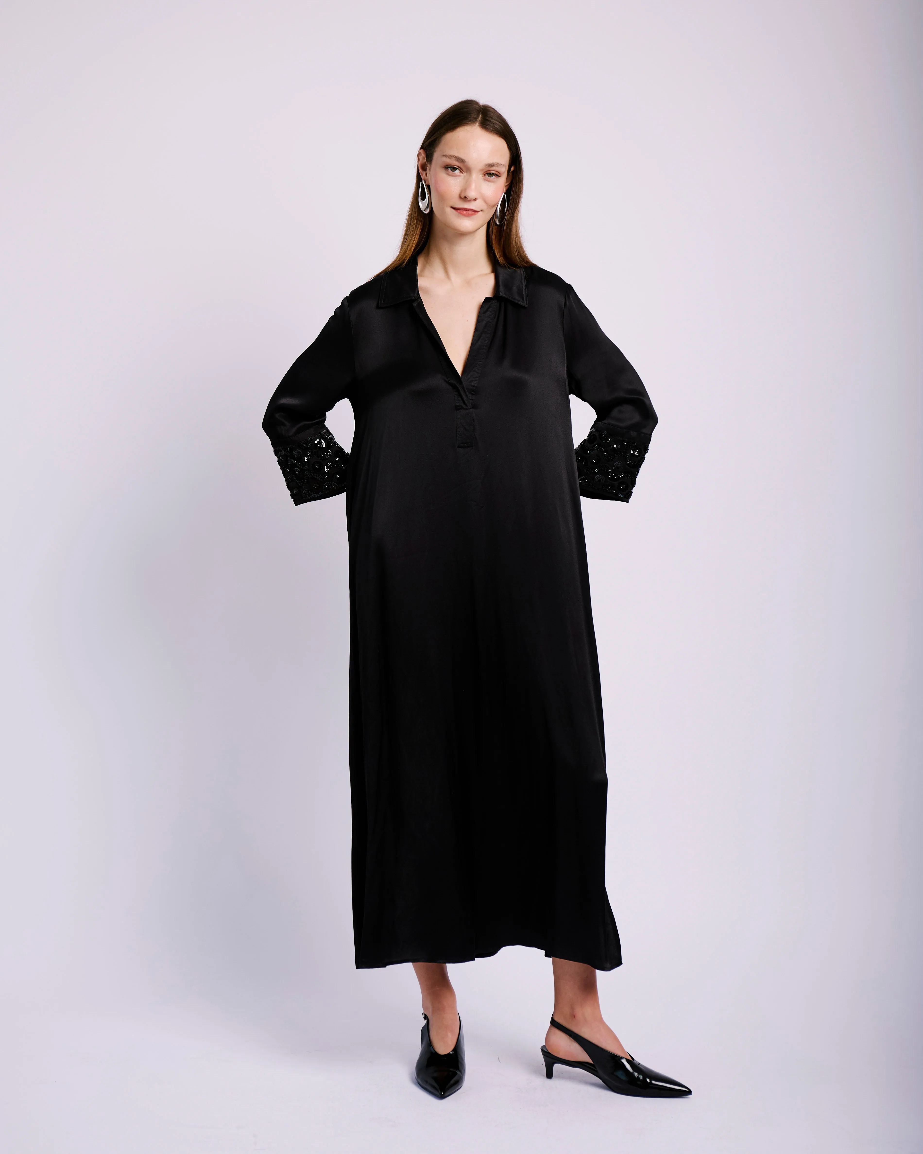 Satin Tunic Dress with Sequin cuffs Flattering Waistband Textured Look