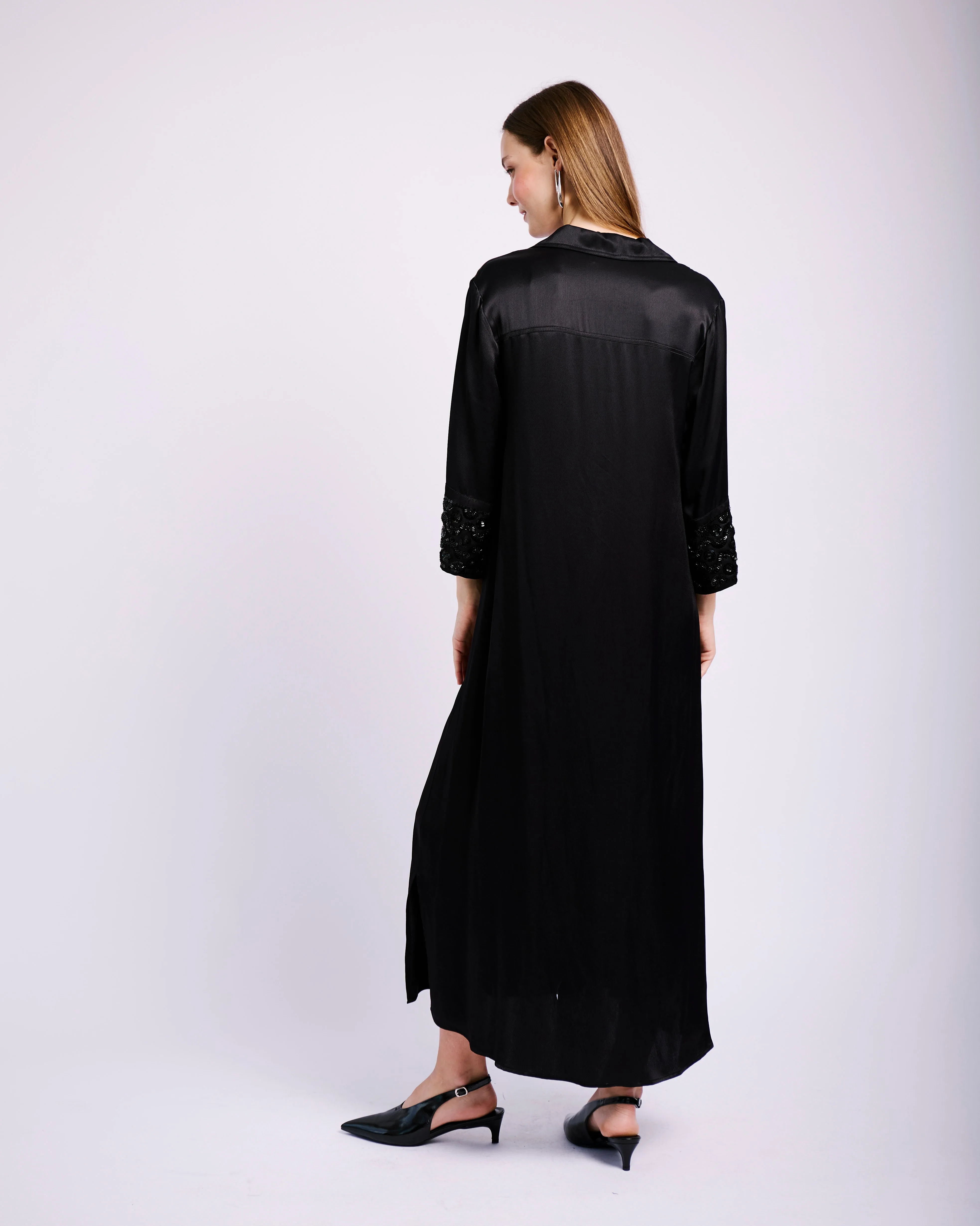 Ruffle Detail Grab Quick Satin Tunic Dress with Sequin cuffs