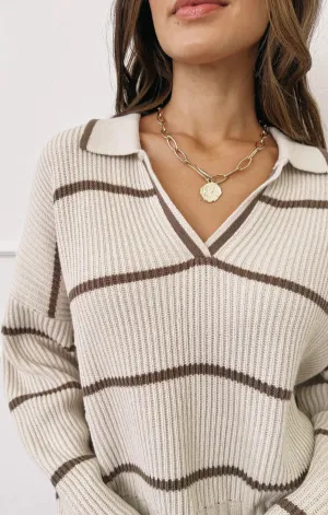 Hazelnut Stripe Polo Sweater Essential Drape