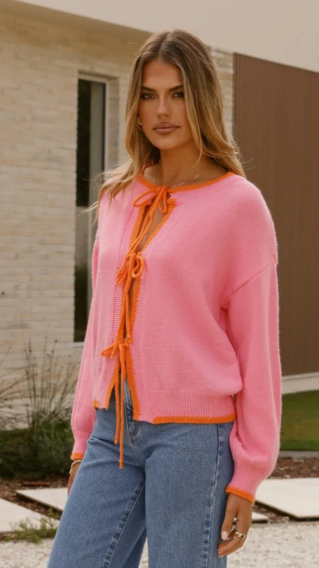 Hazina Tie Long Sleeve Knit Top - Pink / Orange Cable Stitch Polished Feel