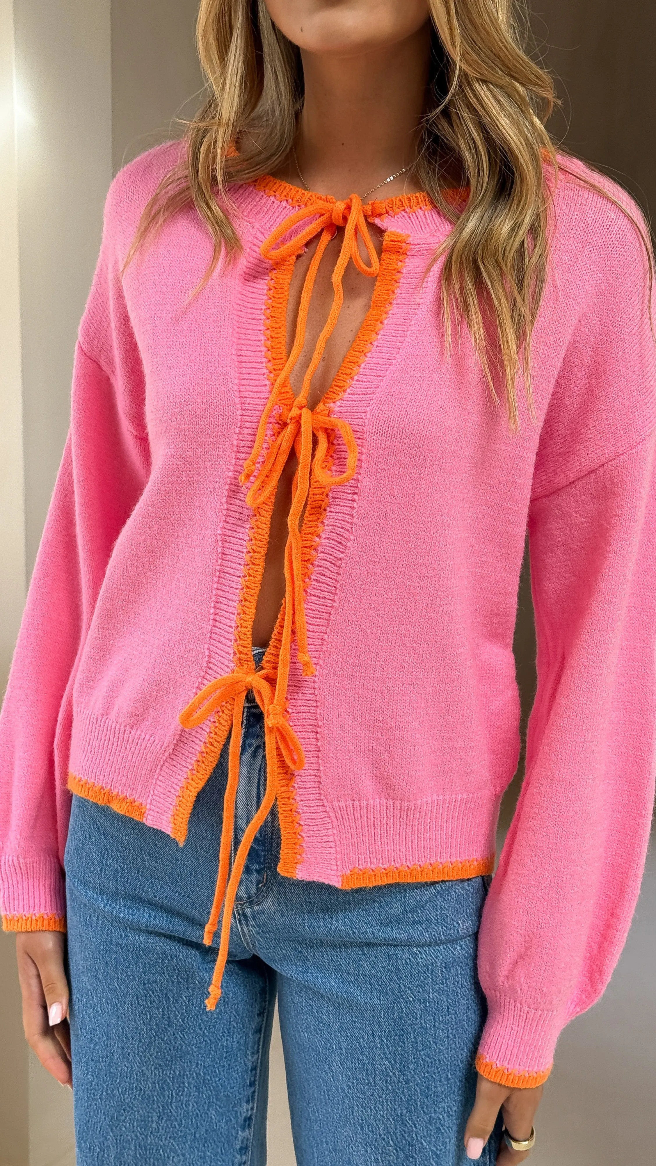 Hazina Tie Long Sleeve Knit Top - Pink / Orange Recycled Fiber Blend Flexible Edging