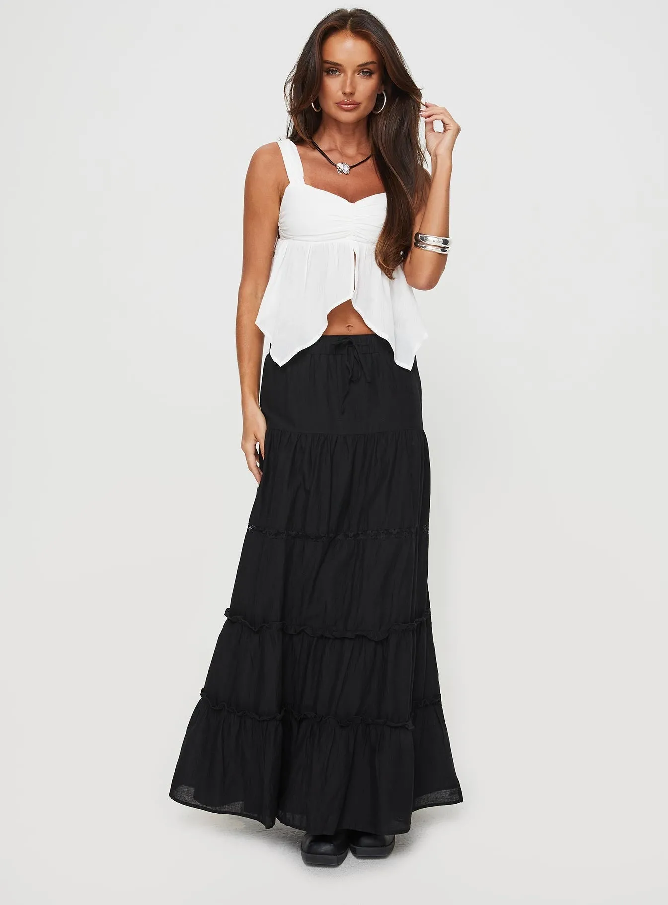 Eulalia Maxi Skirt Black Detachable Tie Detail Focus