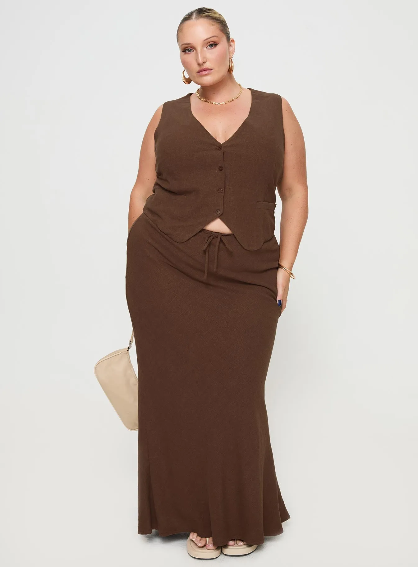 Playful Vibe One size fits most Mercer Linen Blend Maxi Skirt Chocolate Curve