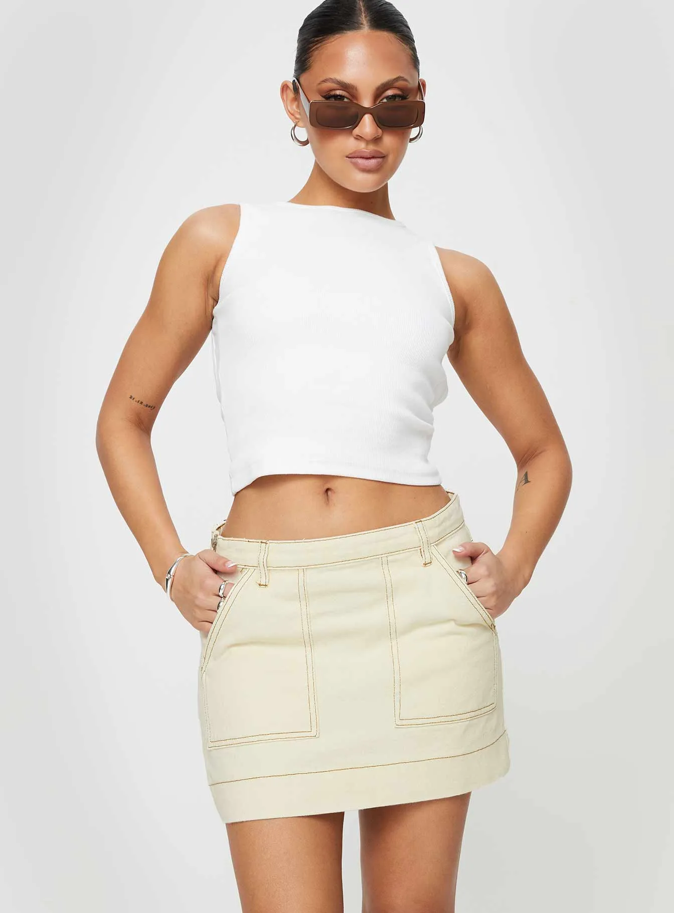 Hughes Mini Skirt Cream Denim Exclusive Drop