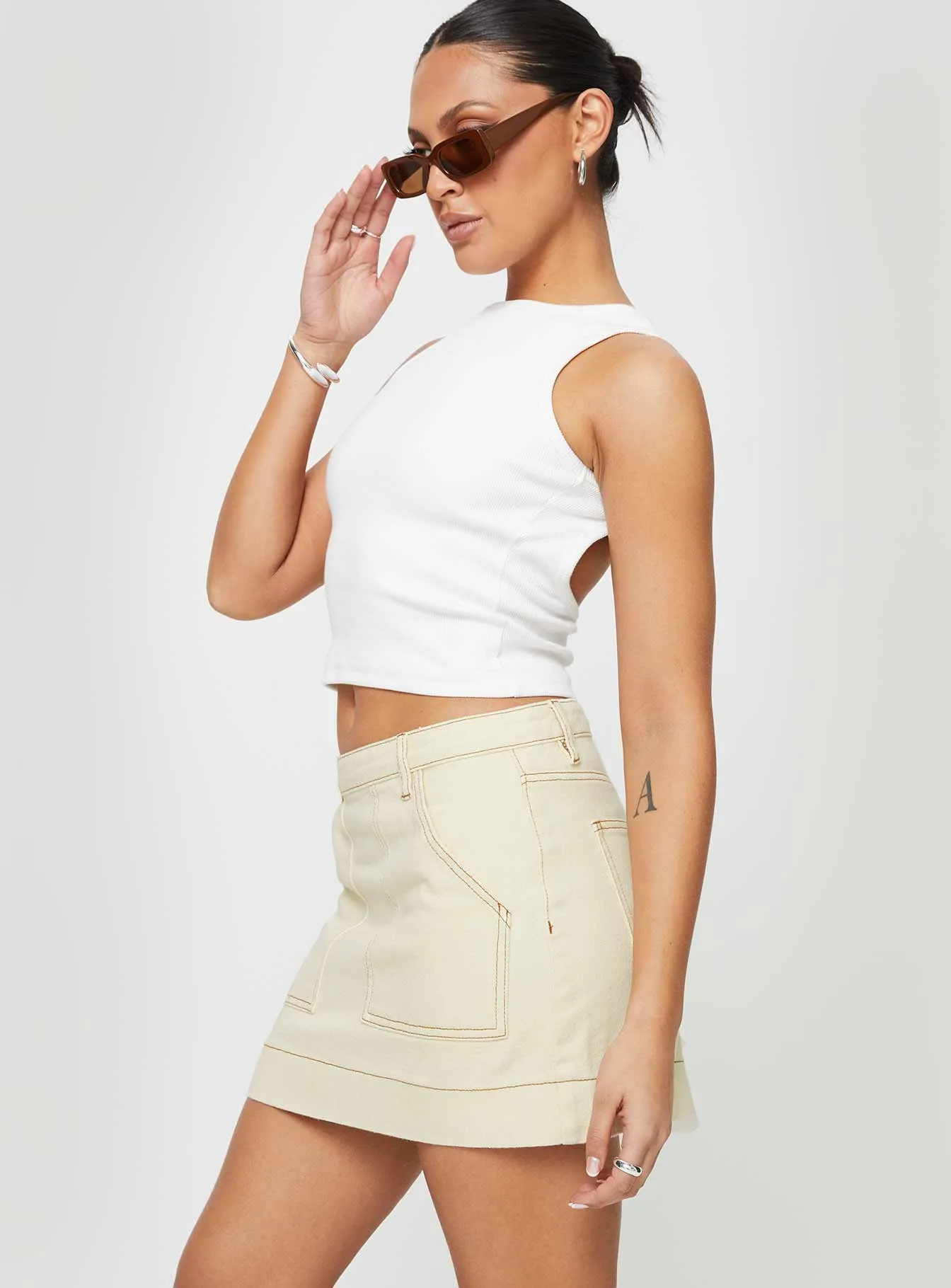 Hughes Mini Skirt Cream Denim Fall Favorite Tiered Layers