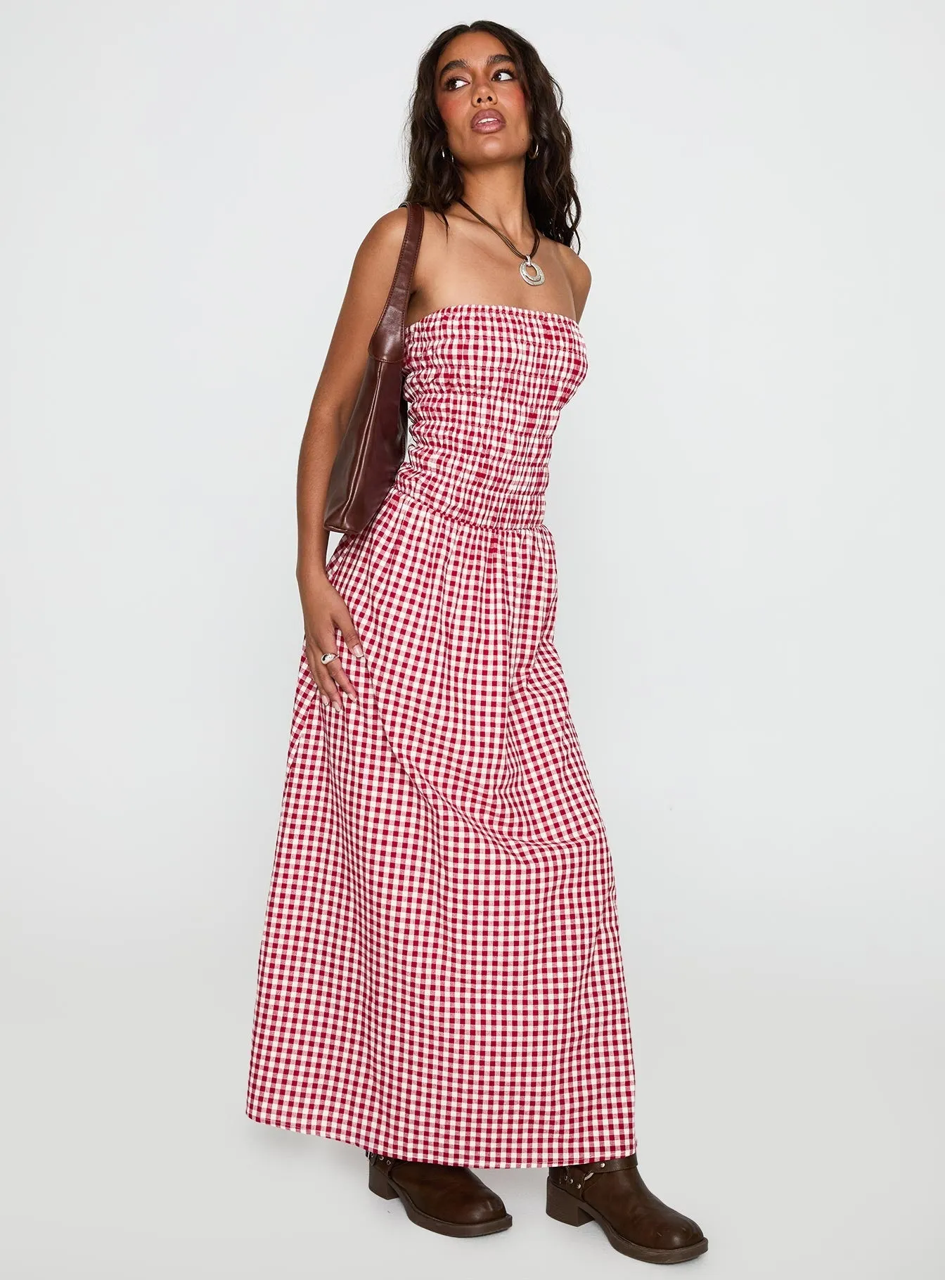 Pocket-Detail Human Nature Strapless Maxi Dress Red Check
